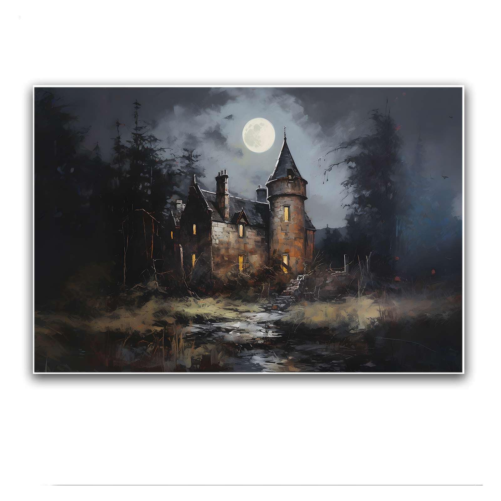 Ancient Haunted House Canvas Wall Art - Moonlit Stone Towers & Overgrown Trails Gothic Wall Decor for Medieval Home Living Room Bedroom Interiors