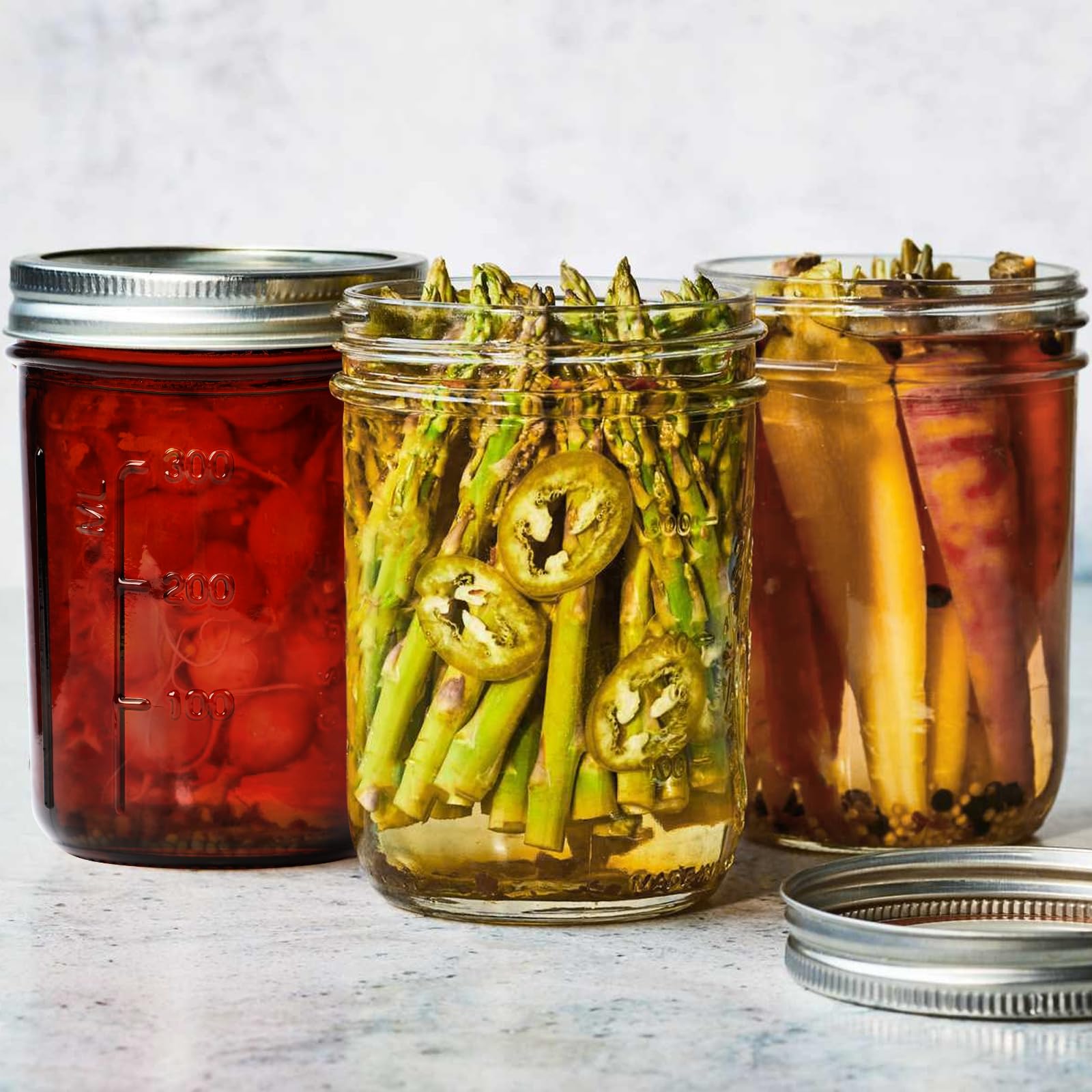 KORCCI Frascos de vidrio ámbar de 16 onzas – 6 tarros de boca ancha con tapas y bandas. Tarro de vela vacío, contenedores de almacenamiento de alimentos, tarro de conservas para conservas,