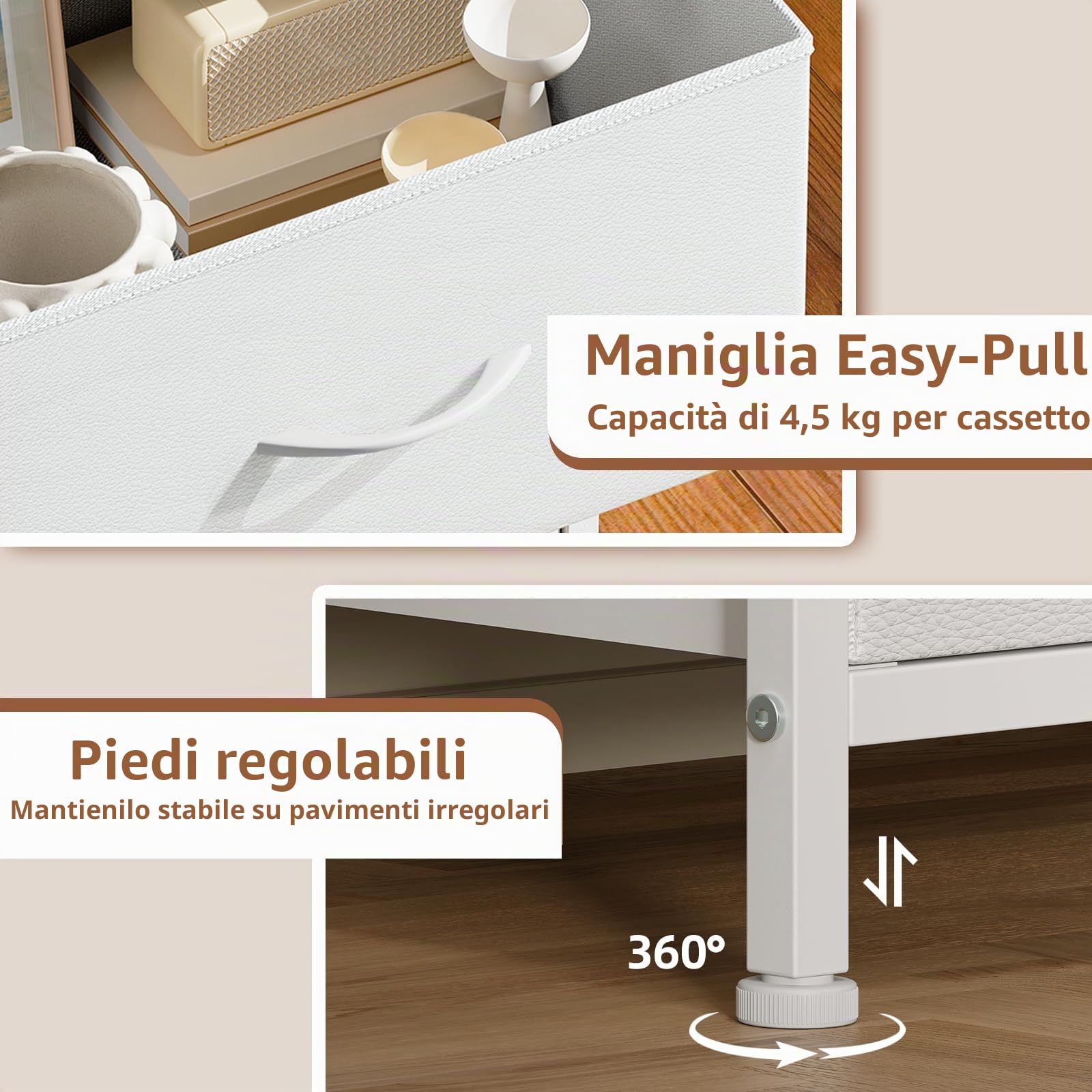 Somdot Comodino Camera da Letto Con Cassetto in Stoffa, Comodini Cameretta, Mobiletto Camera da Letto, 30P x 42l x 50H (2 Cassetti), Bianco, Set di 1