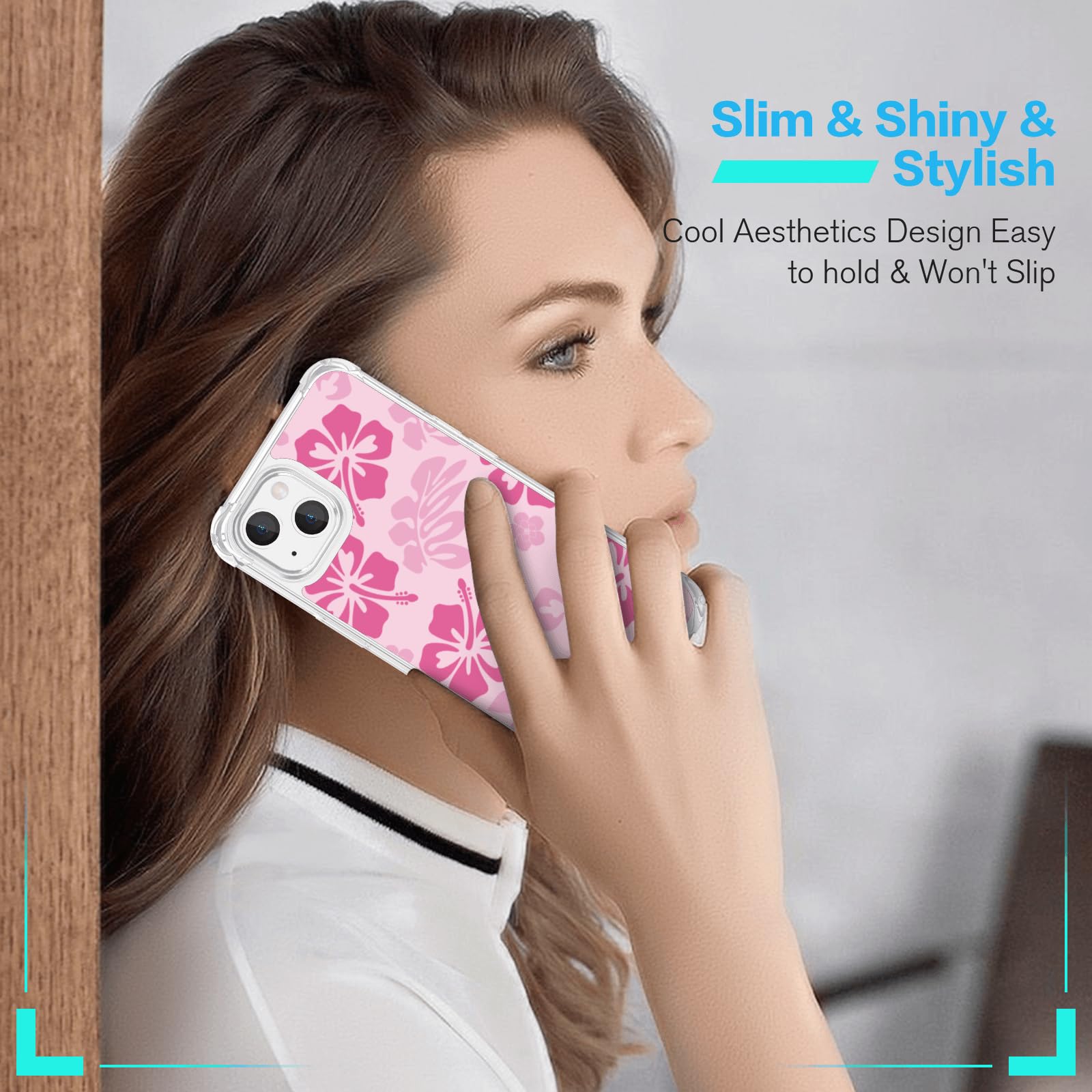 Skyseaco Handyhülle Für IPhone 14 – Süßes Hibiskus-Blumendesign, Rosa, Stoßfest