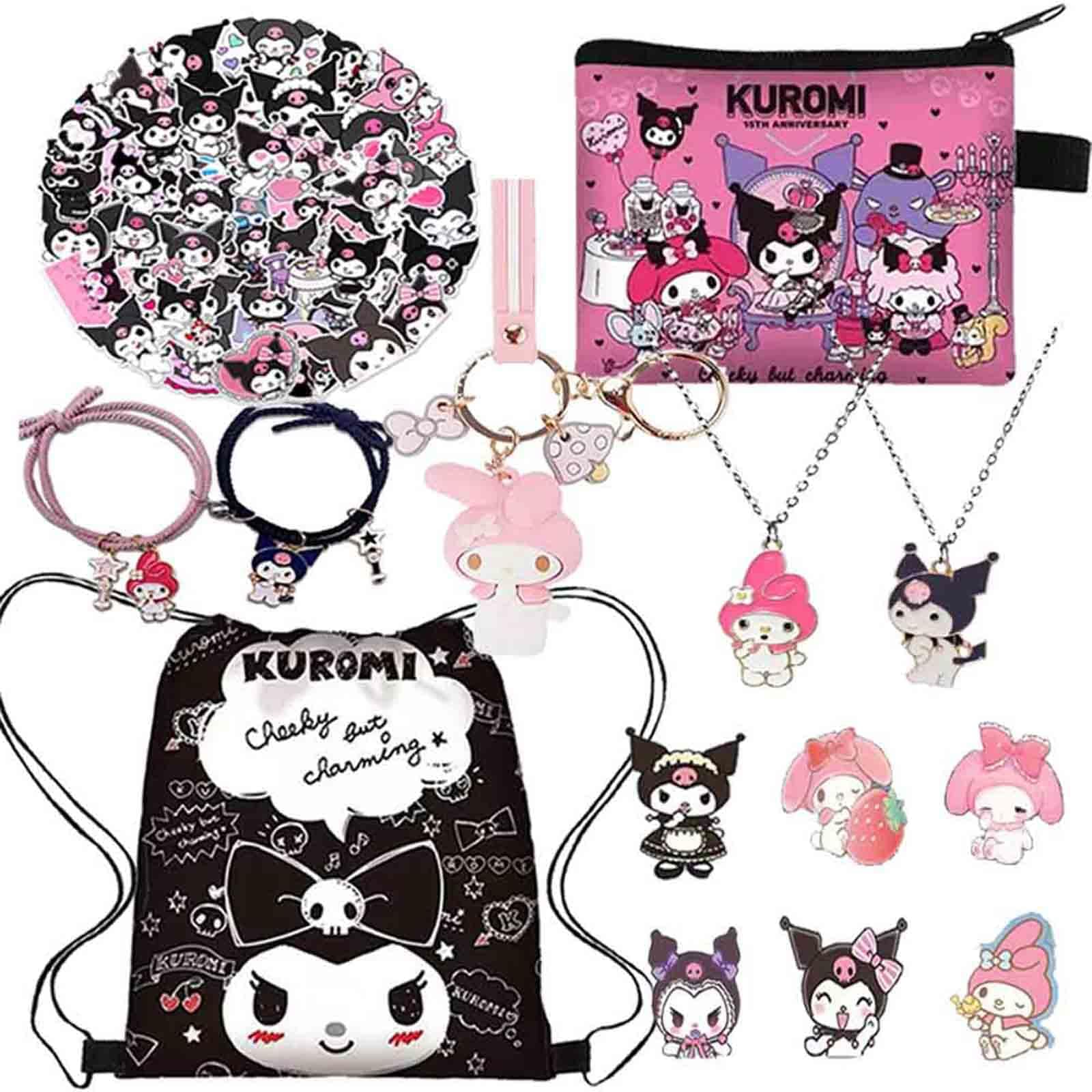 HerstarKuromi & My Melody Gift Set, Cartoon Merch Drawstring Bag, Keychain, Necklaces, Purse Bag, Sticker, Acrylic Brooches, Black