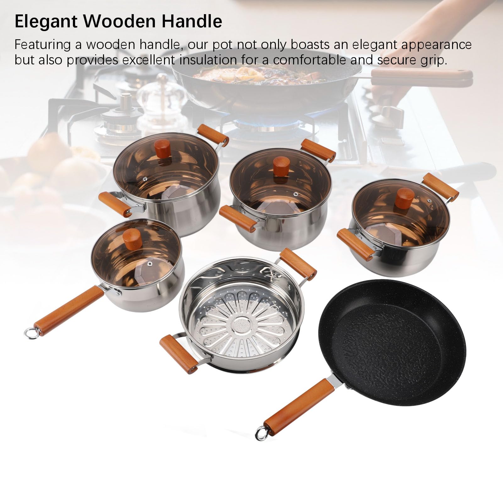 Juego de utensilios de cocina profesionales de acero inoxidable con mangos de madera, ollas y sartenes de cocina de 5 piezas para cocinar sopa hirviendo al vapor, utensilio