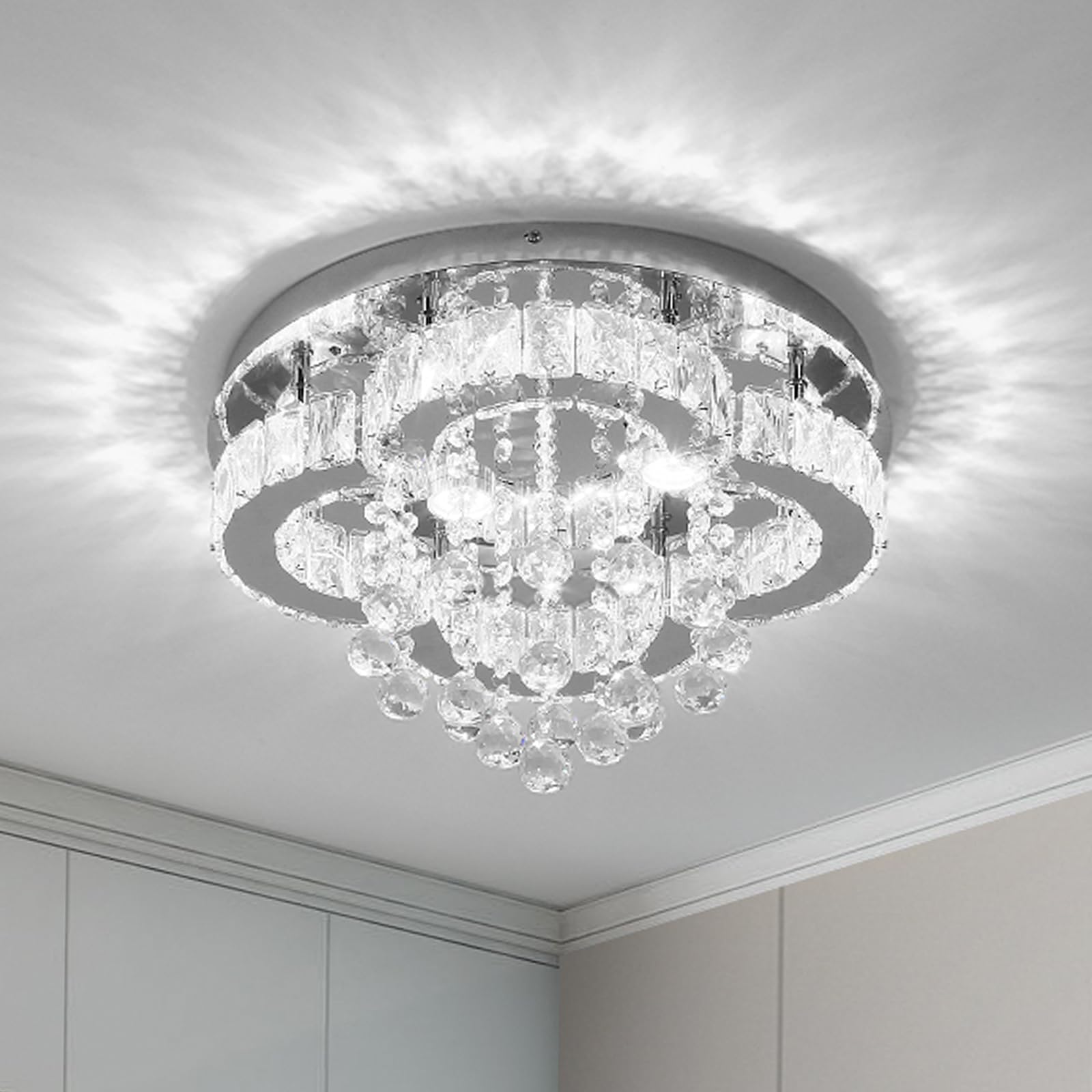 GreeLustr Crystal Chandelier, Modern Led Ceiling Light, LED Chandelier K9 Crystal Flush Mount Stainless Steel Lighting Fixture for Bedroom, Living Room, Dining Room