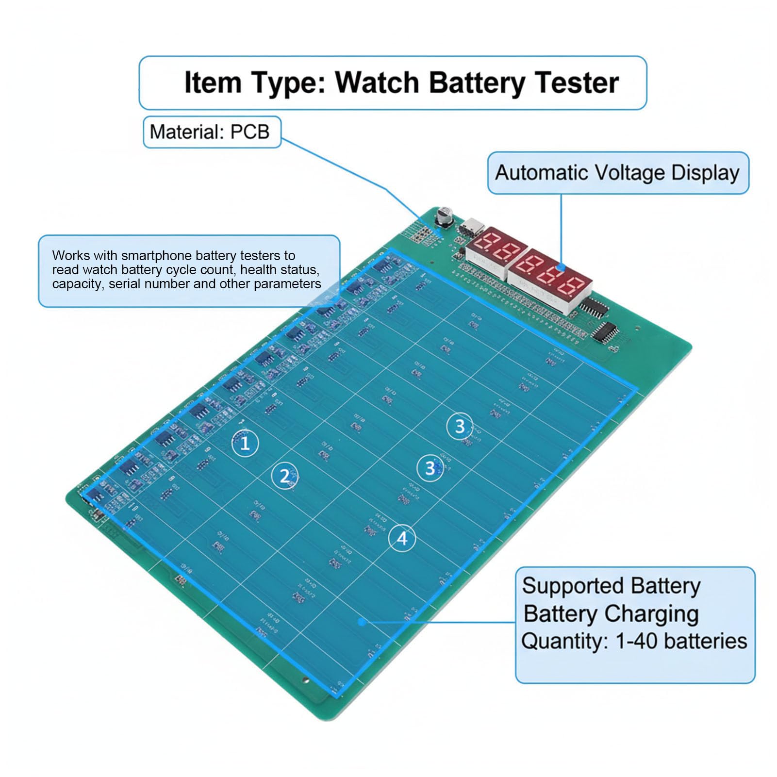 Carte D'activation de Batterie de Montre, Testeur pour 1 à 40 Piles avec Indicateurs LED, Compatible avec S1 à S10 Ultra