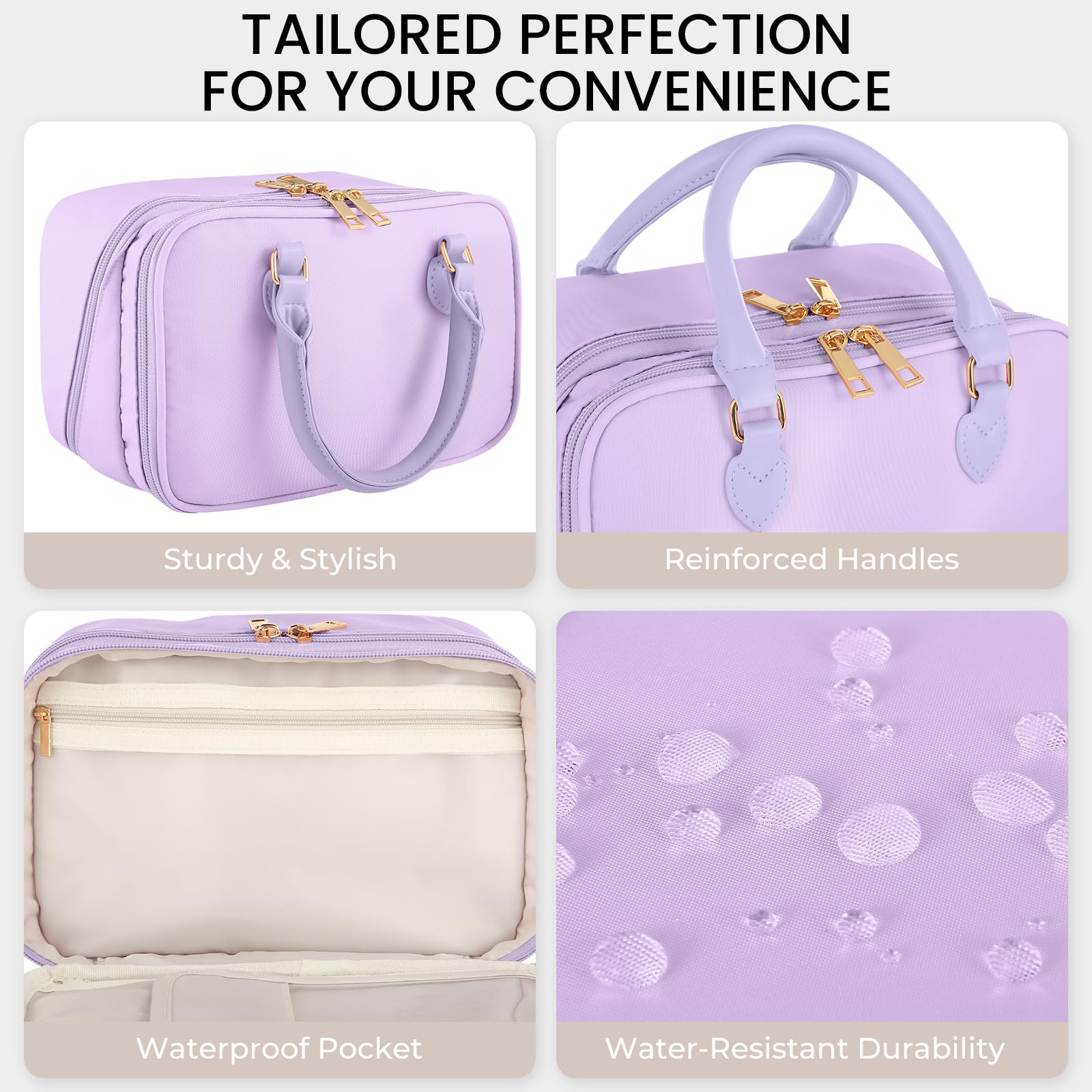 Borsa da viaggio per il trucco da donna, alla moda, di grande capacità, aperta e piatta, organizer portatile, impermeabile, con grande apertura, porta pennelli verticale autoportante per un facile