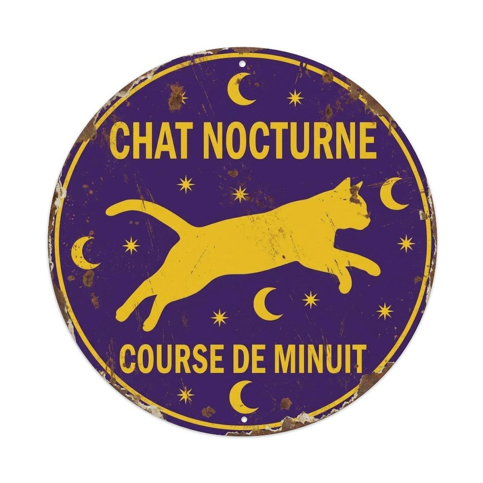 Cat Midnight Running Warning Round Wall Hanging Metal Tin Sign