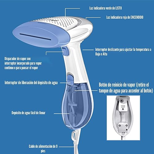 Miniatura 6 de Conair Vaporizador de ropa de mano, ExtremeSteam 1200W, diseño portátil de mano, blanco/azul