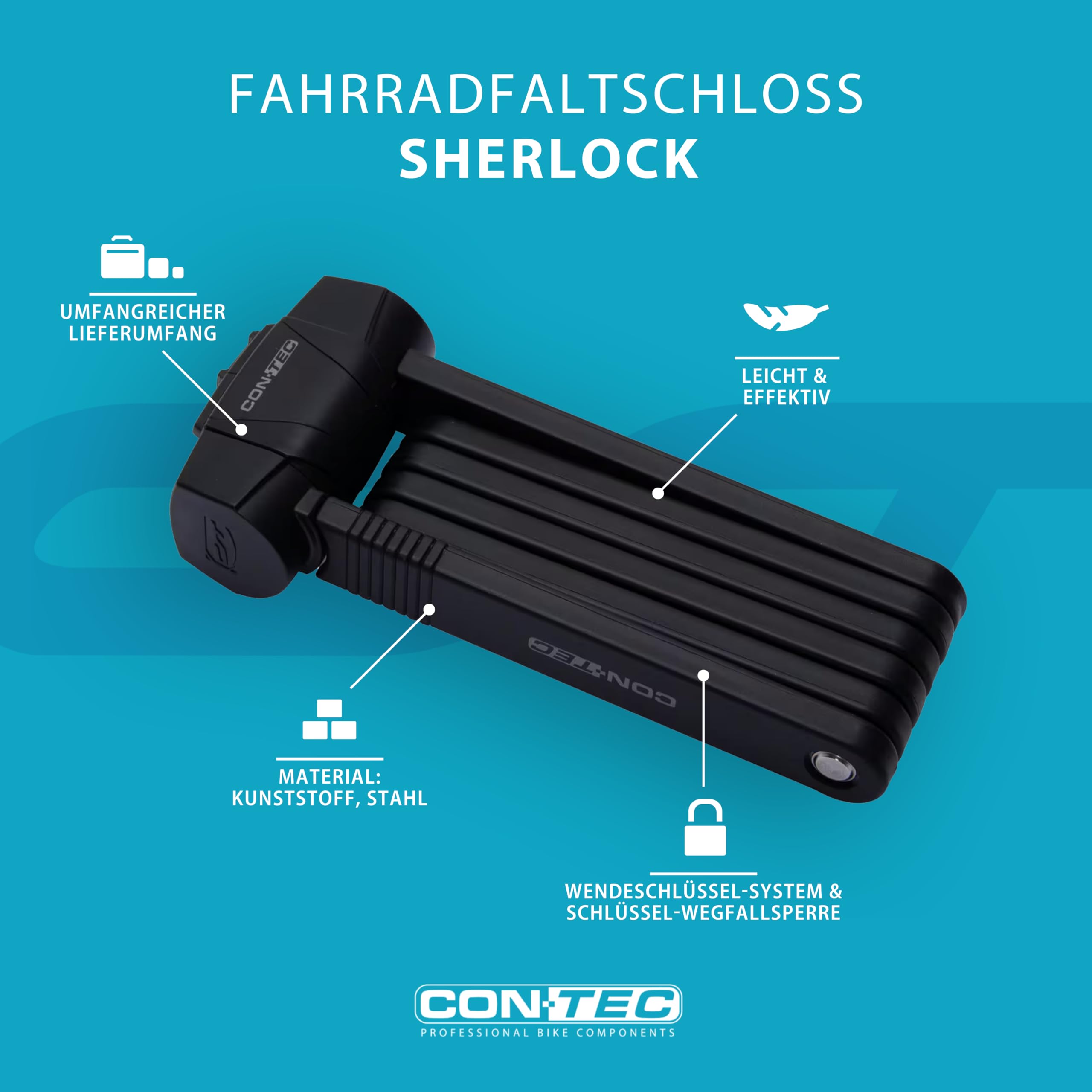 CONTEC Lucchetto pieghevole per bicicletta SherLock, robusto acciaio speciale Tredur, 85 cm, con supporto, sistema a chiave reversibile e serratura a chiave, nero