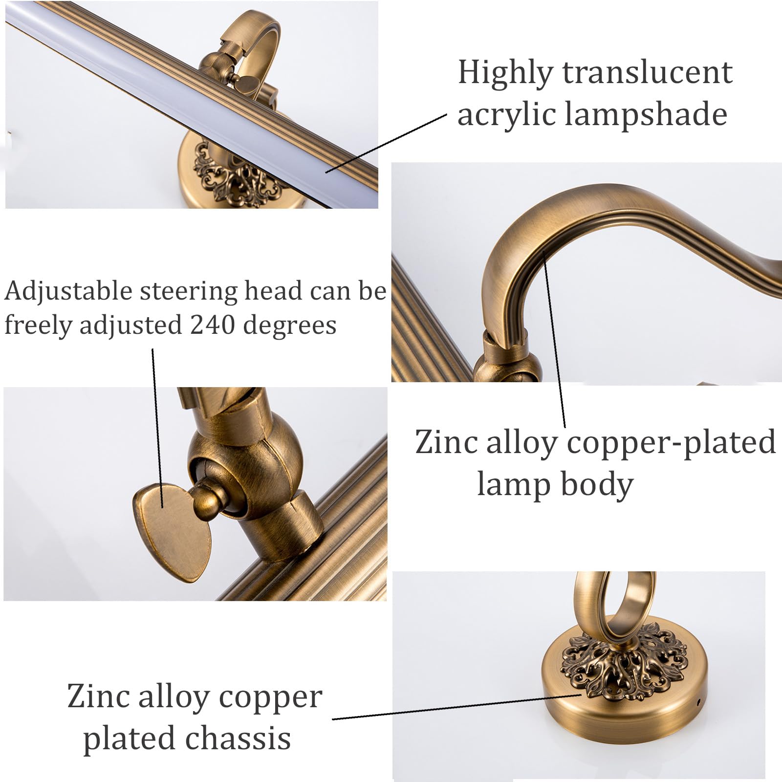 LED Baño Apliques de Pared Espejo IP44 Impermeable Lámparas de Pared 240° Ángulo Ajustable Iluminación Retro Interior Bronce abecera Sala de Estar 3000K/4500K/6500K (Luz Neutra,71cm)