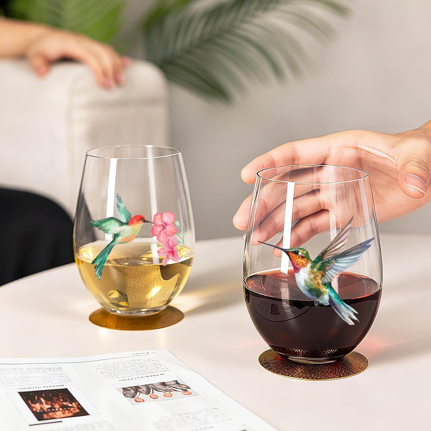 Hummingbird Stemless Wine Glasses Set of 4, Hummingbird Lovers Gifts for Women, Bird and Outdoor Lovers, 15oz Wine Glasses Gifts for Women, Floral Garden Lovers, Forest Birds Hummingbird Decor - Image 4