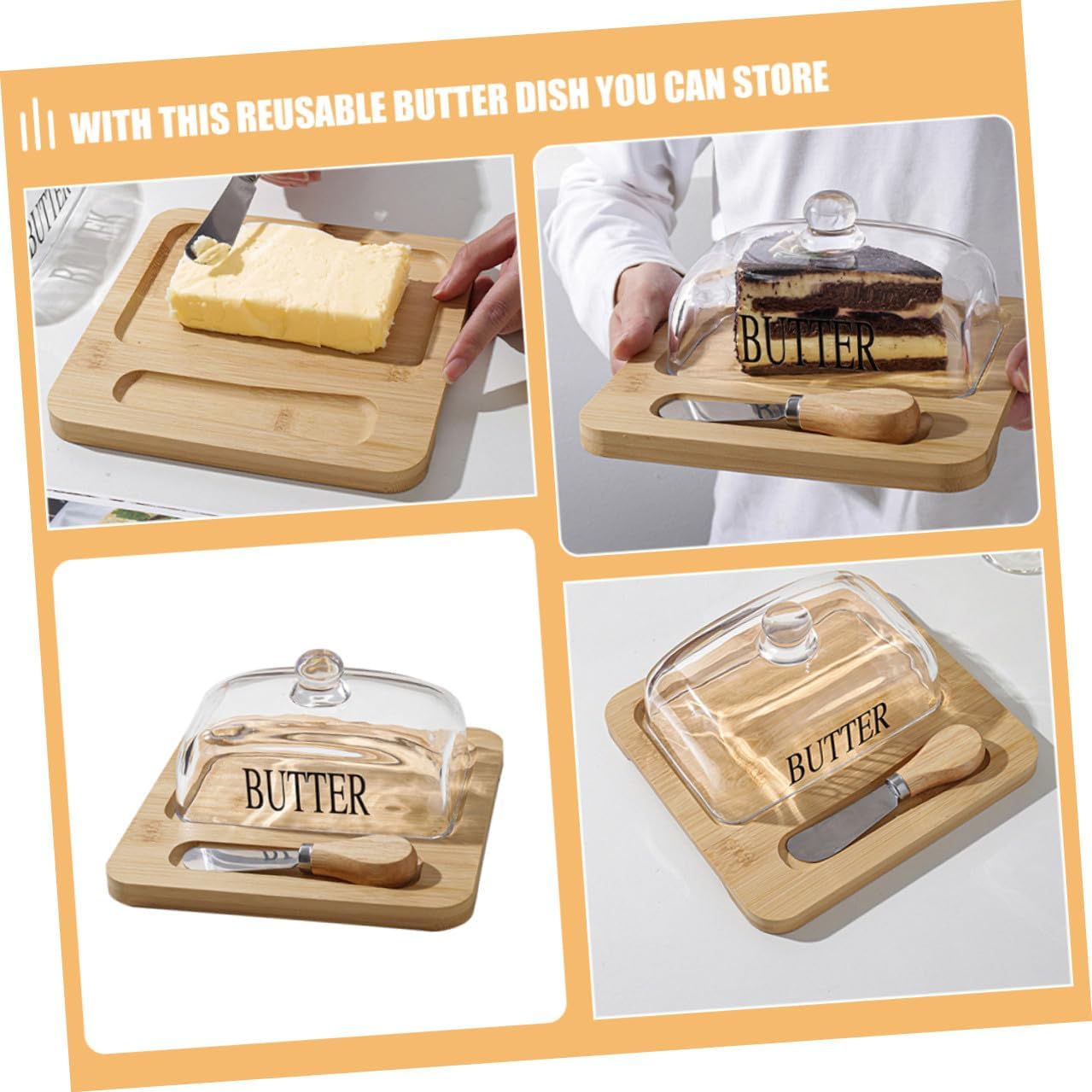 Uonlytech Butter Dish with Glass Dome Lid and Cutter Nordic Style Butter Storage Container for Refrigerator and Countertop Preserve Freshness Cheese Desserts and Snacks Reusable Serving Tray