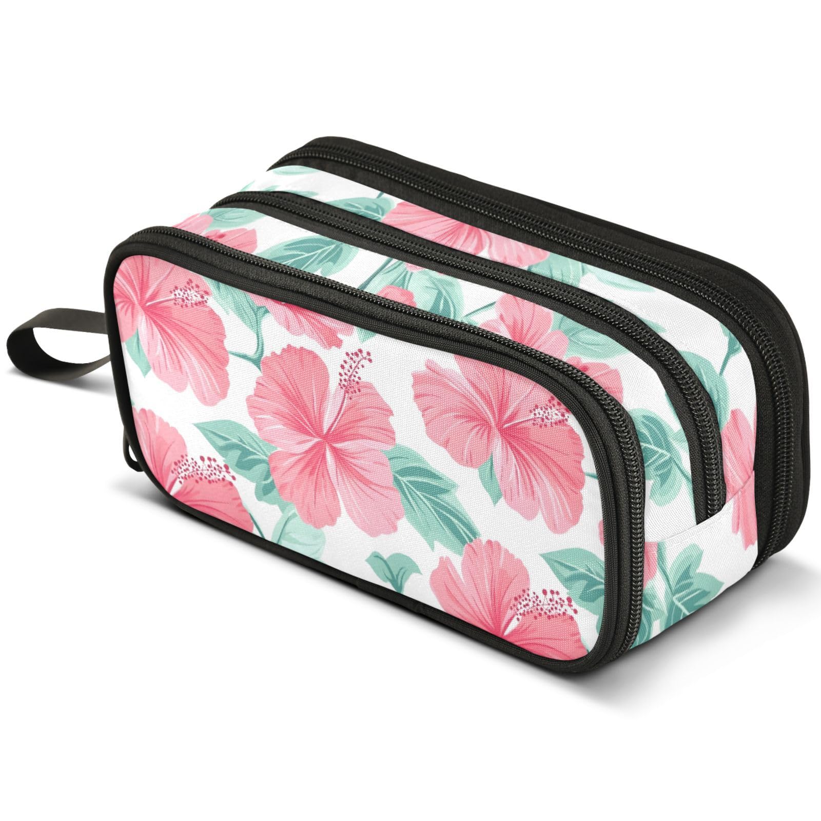 ALAZA Pink Hibiscus Flower Pattern Large Pencil Case, Pen Pouch Pencil Bag with 3 Compartments Pen Holder Organizer Stationery Bag