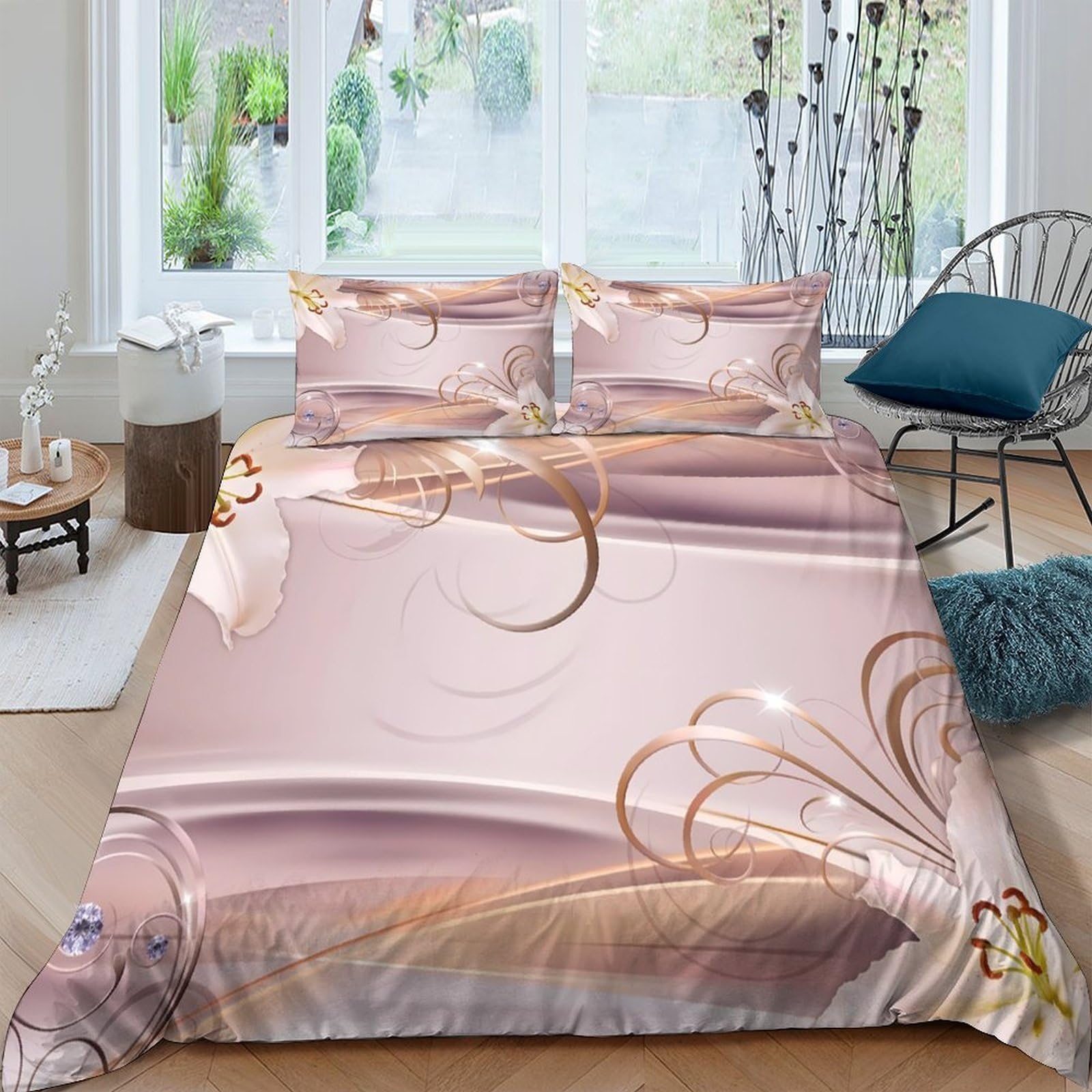 XFKLYNVCJ 3D Printed Elegant floral Bed Cover Polyester Luxury swirl pattern Bedding Cover Wrinkle Resistant Shrink Resistant for Young Adults Rental Home Teen Bedroom Use King（220x240cm）