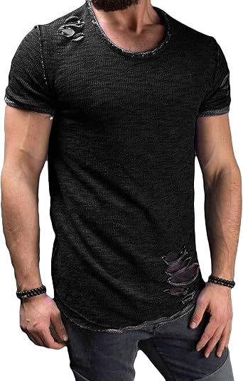 DGHM-JLMY Mens Ripped Solid Color T-Shirt Slim Fit Distressed Ripped Crewneck Tee Shirts Casual Short Sleeve Hip Hop Tees