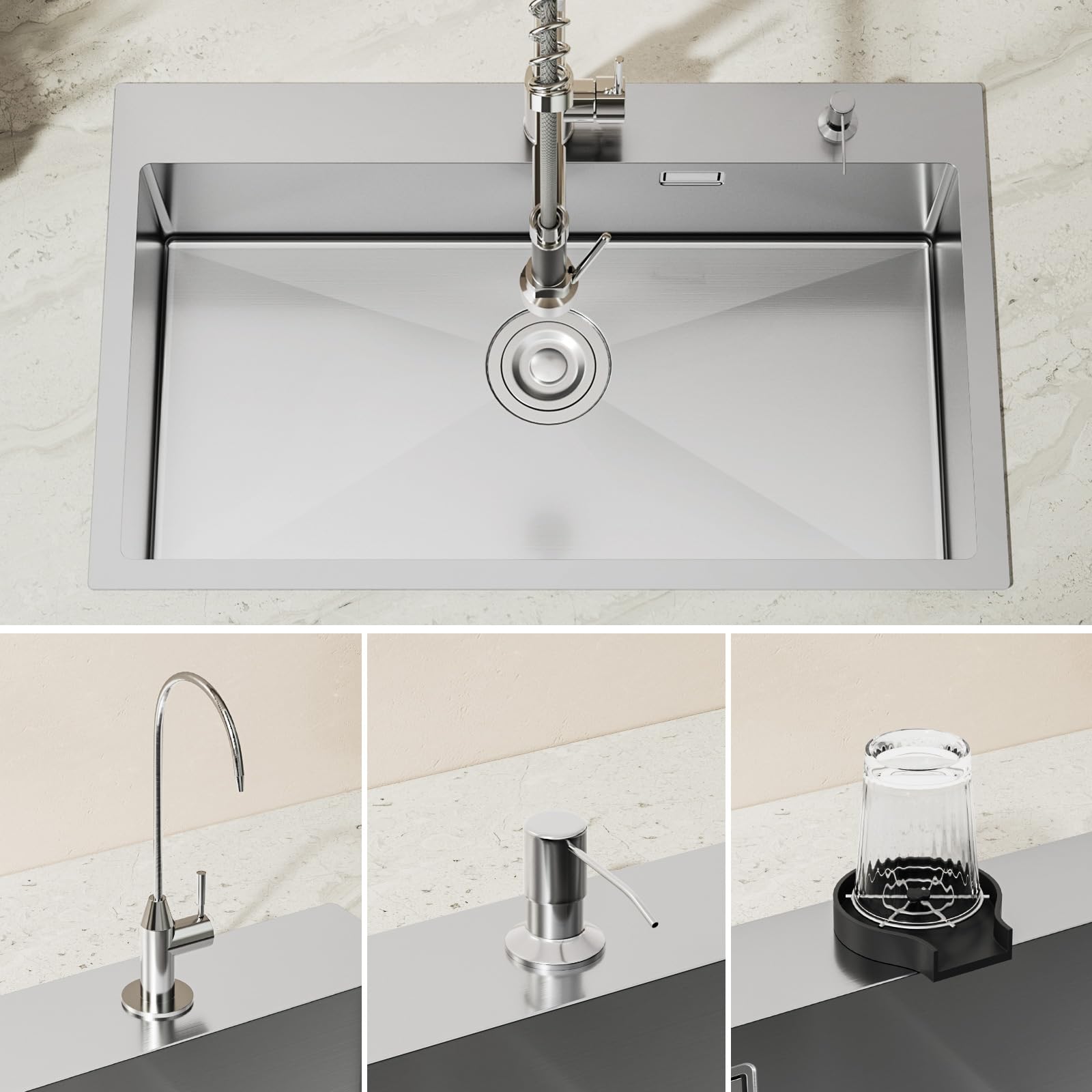 CECIPA Küchenspüle 75 × 45 cm aus gebürstetem Edelstahl, Einbauspüle für Arbeitsplatten ab 80 cm, mit faltbarem Abtropfgestell, Überlauf & Ablaufgarnitur
