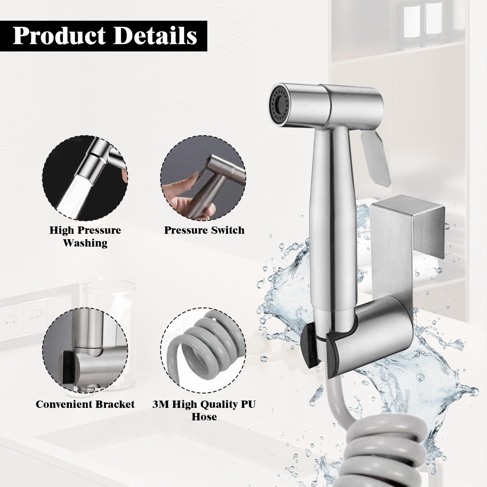 Ducha Higienica para WC Bidet Para WC de Inoxidable Rociador de Bidé con Manguera de Ducha de 3M Grifo Bidet Para WC Grifo Portatil para WC Kit para Toilette y Higiene Plateado
