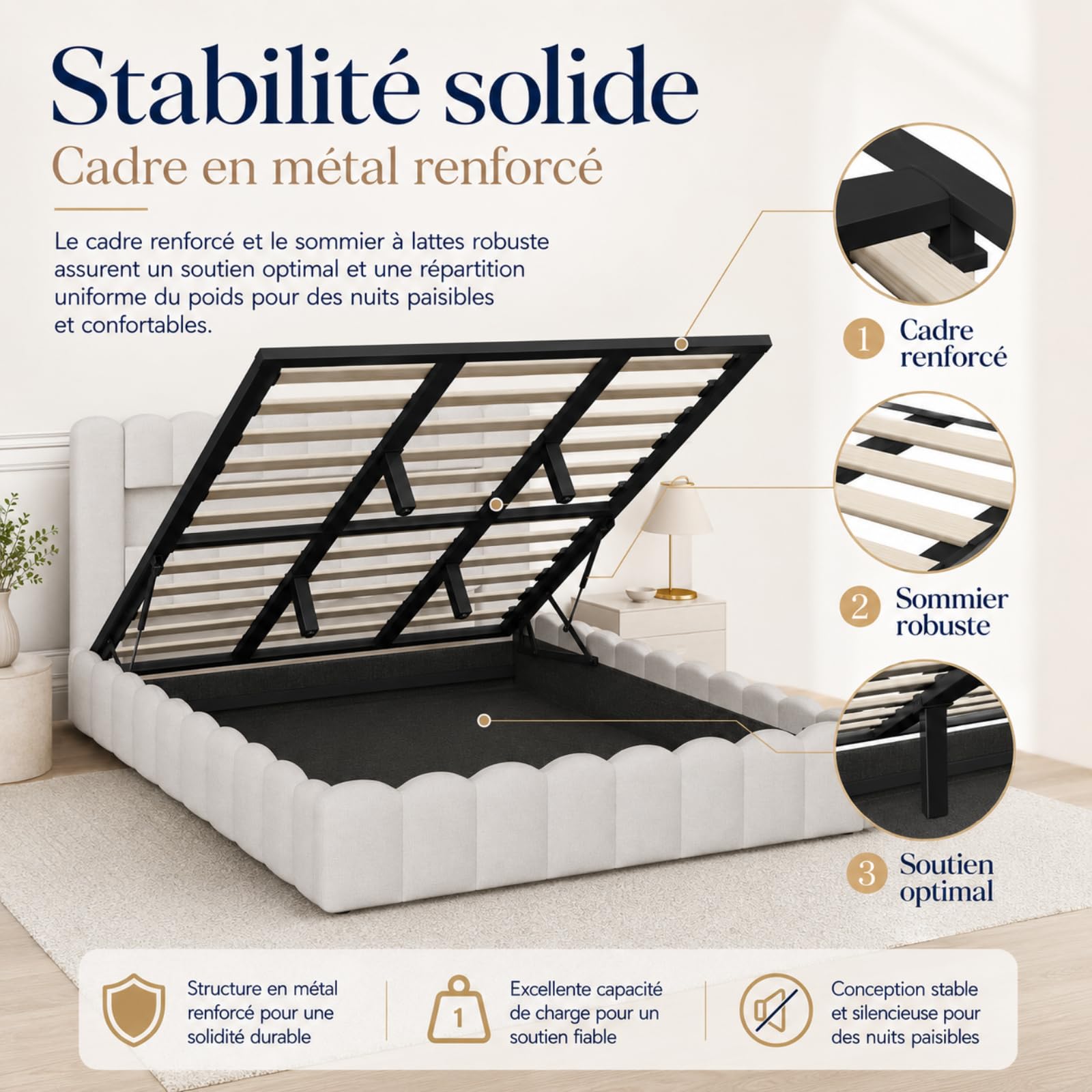 Fofetbfo Lit Coffre 140X200 cm, Bubble lit Double rembourré avec éclairage LED et Type-C et USB, LIt Capitonné avec Rangement, Cadre de lit hydraulique avec sommier à Latte, Lin (Beige, 140 x 200 cm)