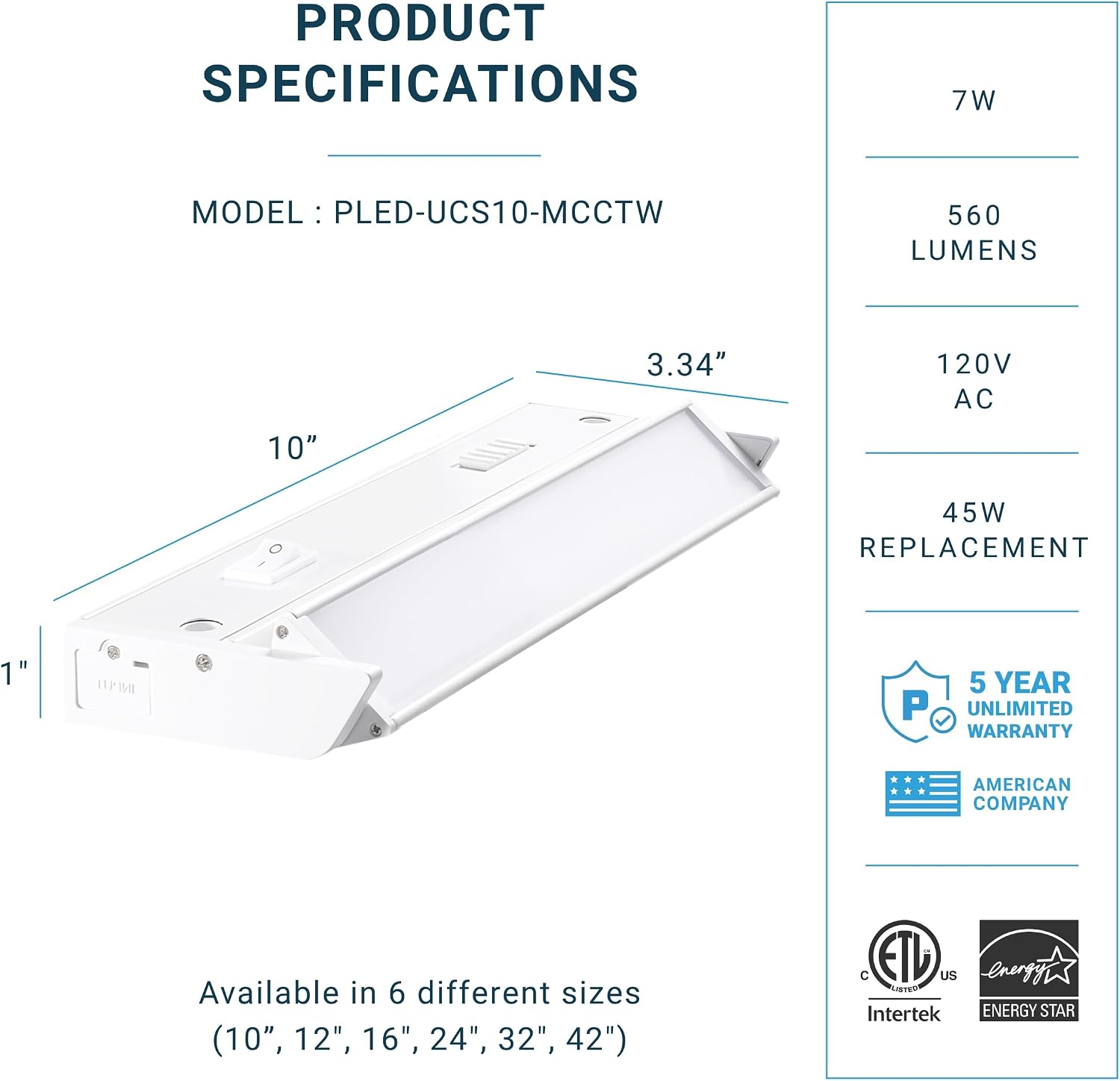 PARMIDA LED Swivel Under Cabinet Lighting, Hardwired or Plug-in Installation, 10 Inch, 7W, 5CCT Color Selectable - 2700K/3000K/4000K/5000K/6000K, Rotatable Lens, Dimmable, Linkable, 120V, 560LM, ETL