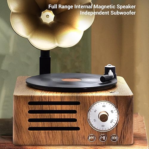 Miniatura 2 de Tocadiscos vintage, tocadiscos portátil de grano de madera con cuerno de cobre, función de radio FM, altavoz Bluetooth compacto, para