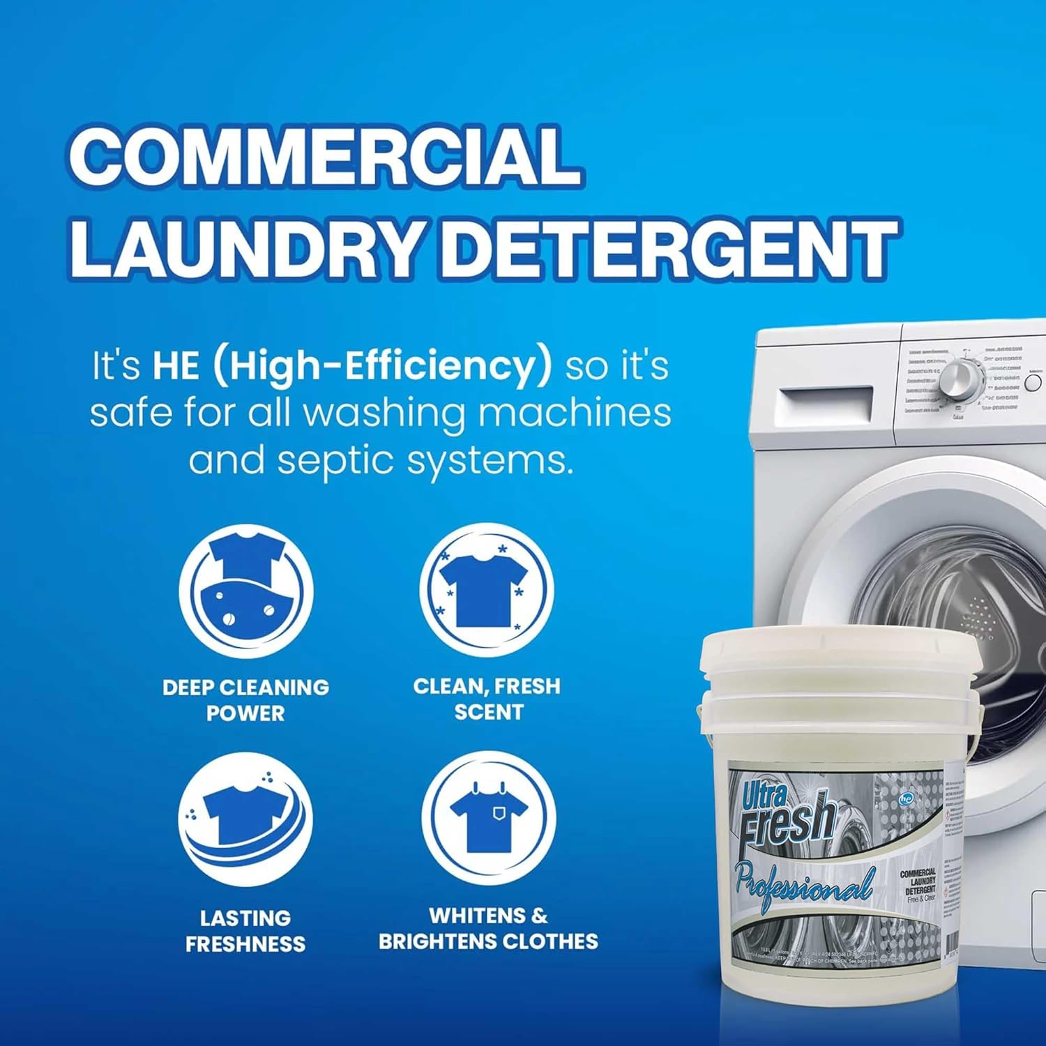 Ultra Fresh® Professional™ Commercial Laundry Detergent, Free & Clear, 5 Gal – Liquid with Easy Dispensing Pump for All Machine Types, up to 640 Loads