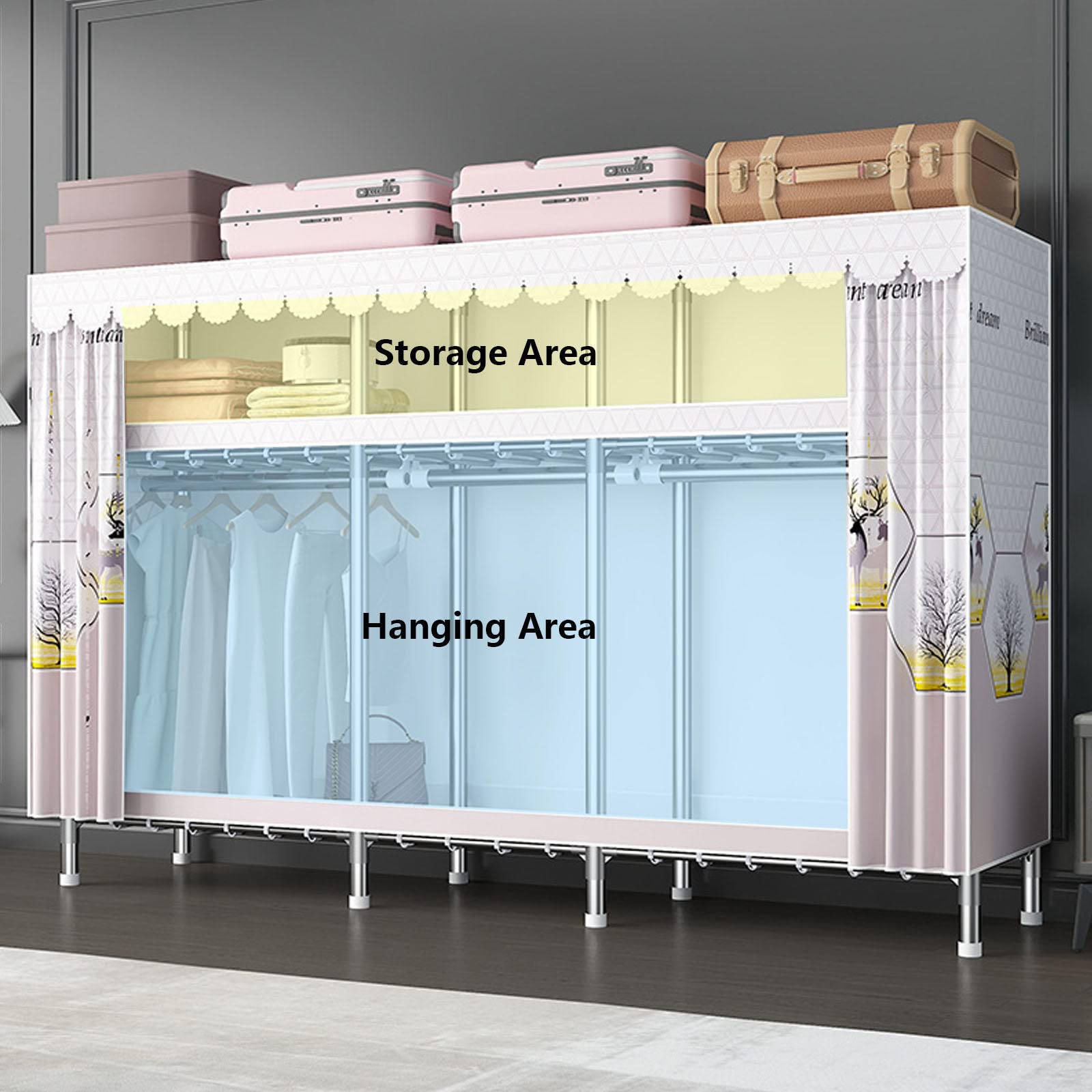 Kleiderschrank Tragbare Kleiderschrankregale mit Kleiderstange, Regale, Kleiderschrank-Aufbewahrungsorganisator für Schlafzimmer, Wohnzimmer,C-222x45x169cm