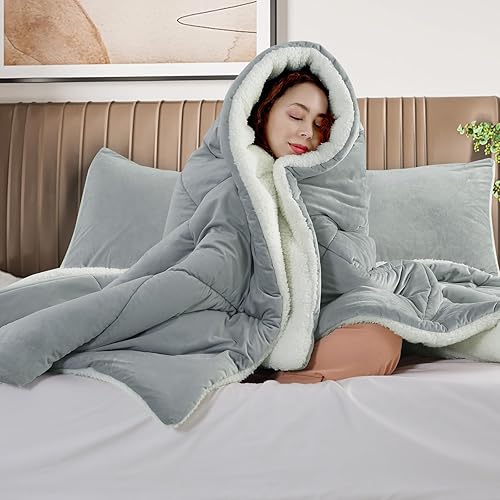 Miniatura 4 de BEDHOURS Juego de edredón tamaño King de microvisón Sherpa de 3 piezas, ultra suave, juego de ropa de cama alternativo de plumón sintético edredón