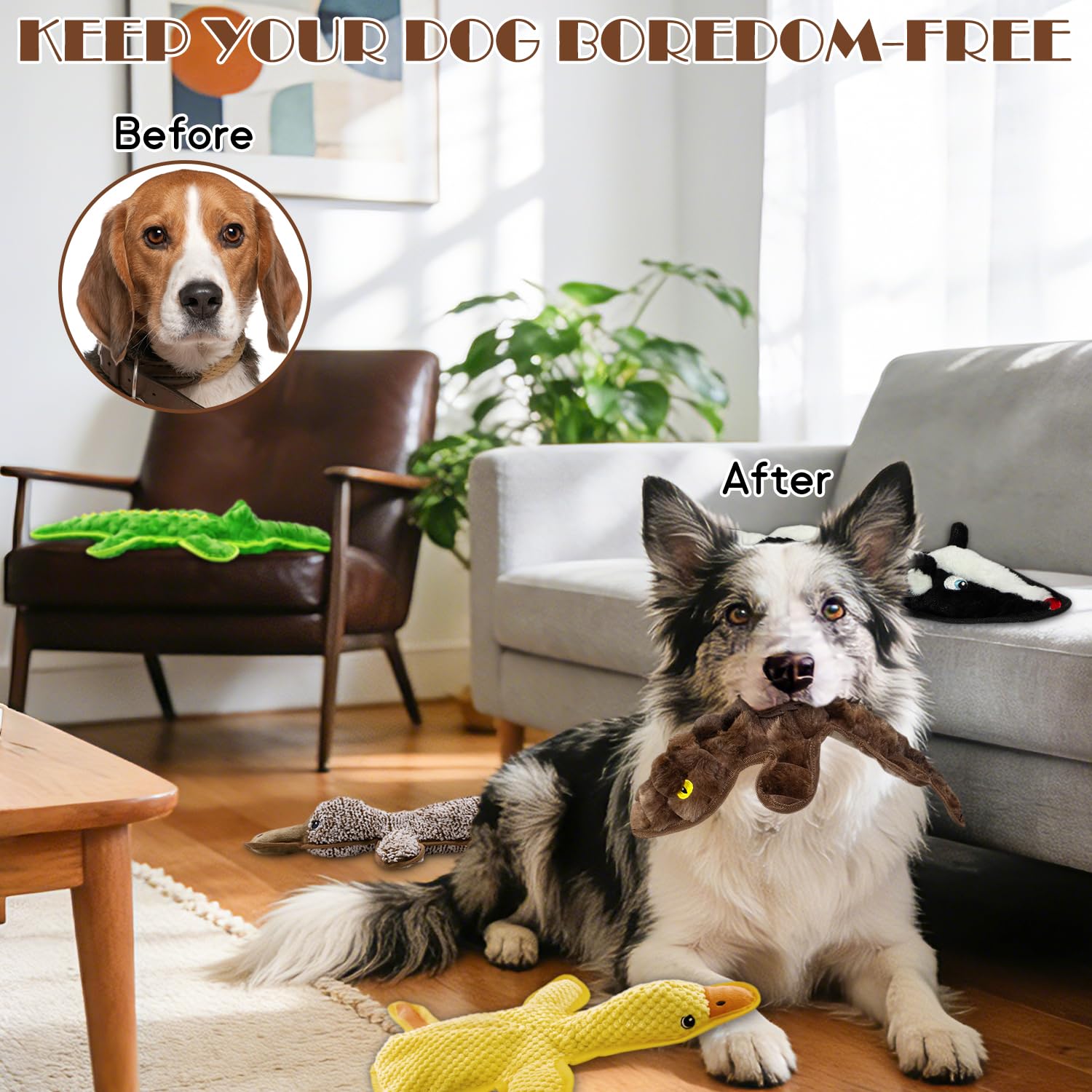 Giocattoli da masticare per cani senza imbottitura, confezione da 5 giocattoli da masticare con pieghe per tenerli occupati, giocattoli di peluche per dentizione per giocare al chiuso e