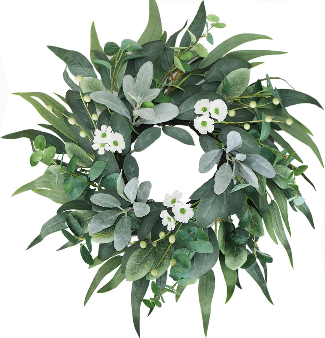 20" Green Eucalyptus Wreaths for Front Door with Lambs Ear White Flowers – Lifelike Spring, Summer, and Winter Wreath for Farmhouse Porch, Window, Door Decor