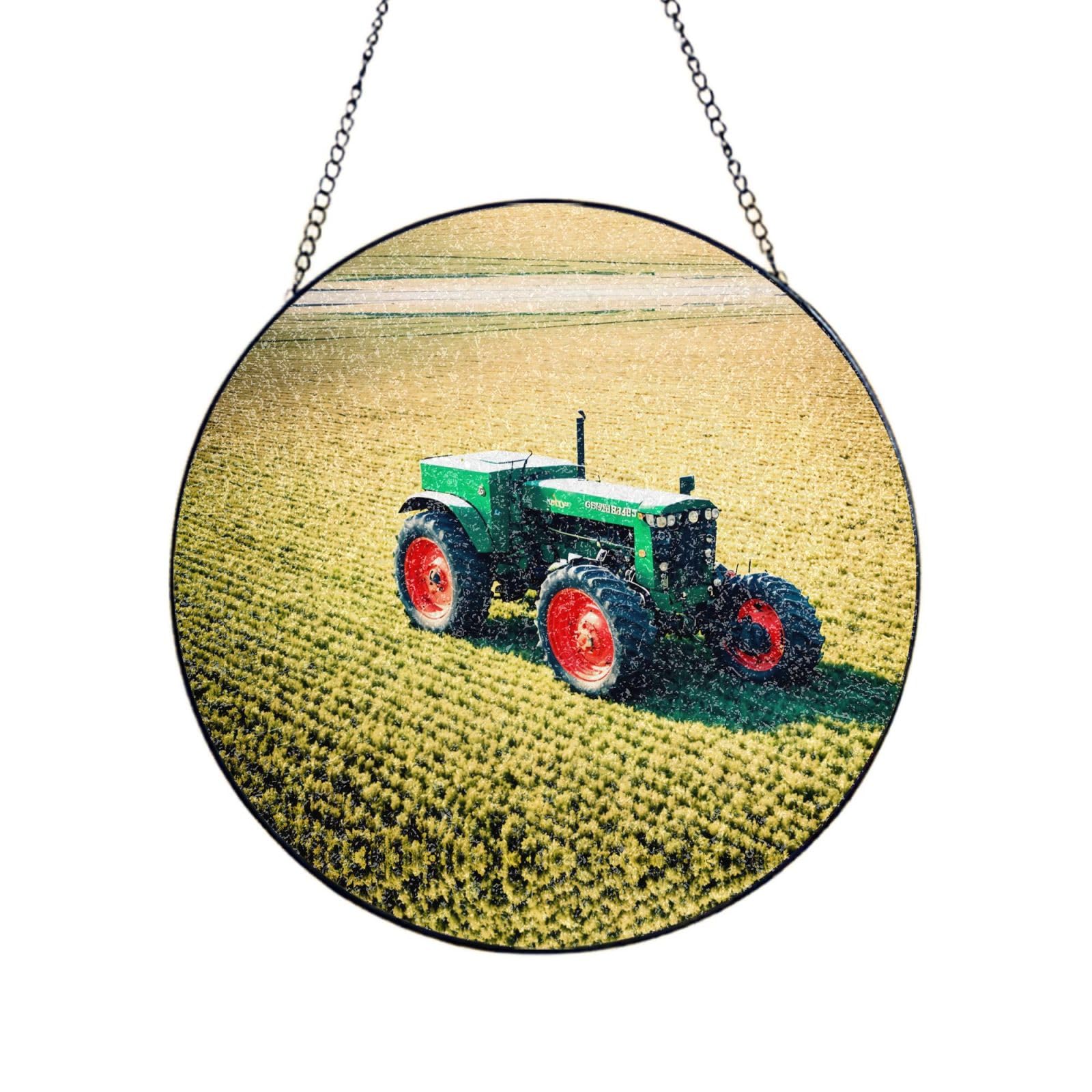 Poezjzw Stained Glass Window Hanging - Tractor On Grassland Sun Catcher For Door Garden Home Decor Christmas Mother'S Day Birthday Gifts 12in（30cm）