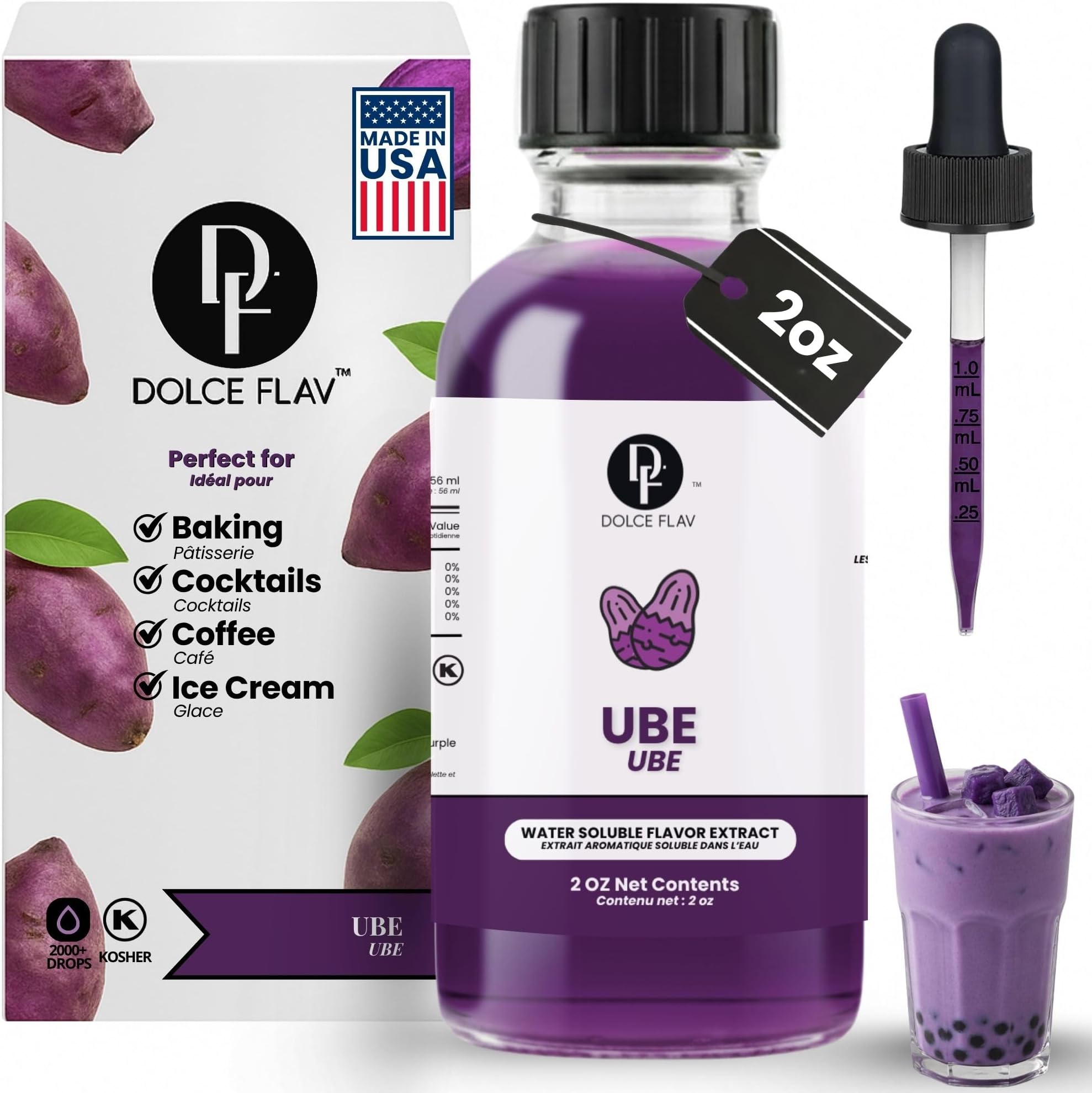 Dolce Flav Purple Ube Extract & Flavoring for Baking, Latte, 2oz, Kosher | Purple ube extract & flavoring for baking, lattes and halaya desserts. Water-soluble, Kosher, highly concentrated.