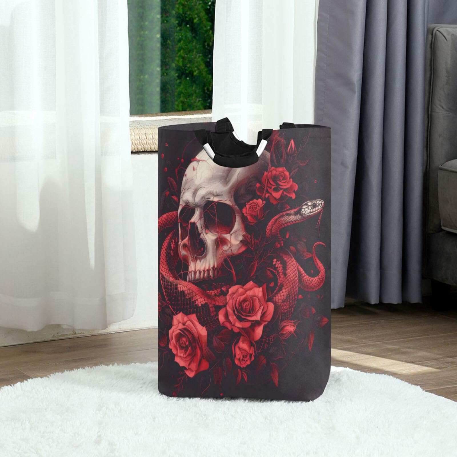 Jihqo Laundry Hamper Basket Snake Rose Skull Collapsible Nursery Storage Bin Waterproof Clothing Baskets for Home Bedroom Bathroom Washing Room