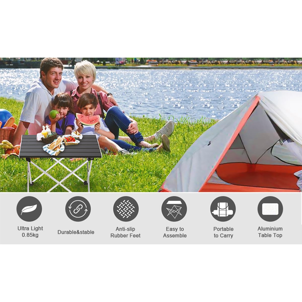 Tavolo da Campeggio Pieghevole Leggero con Piano D'appoggio in Alluminio, Tavolo da Picnic Arrotolabile Portatile per Campeggio, Escursionismo, Pesca, Barbecue