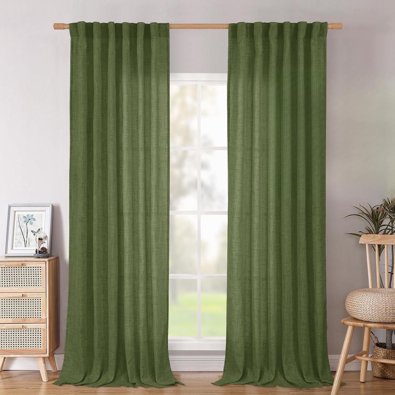 BGment Dark Green Linen 90 Inch Length Curtains for Living Room, Rod Pocket Sheer Textured Burlap Drapes Rustic Country Light Filtering for Bedroom Dining Back Tab, 2 Panel, 52 Inch Wide Each Panel
