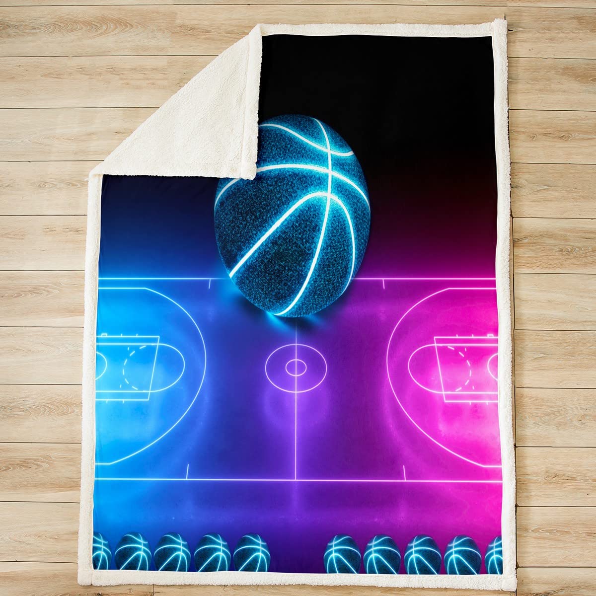 Coperta da basket sherpa incandescente sfumata al neon coperta da basket per ragazzi sport gioco coperta sfocata per ragazzi ragazze bambini blu rosa decorazione giochi con palla coperta in peluche