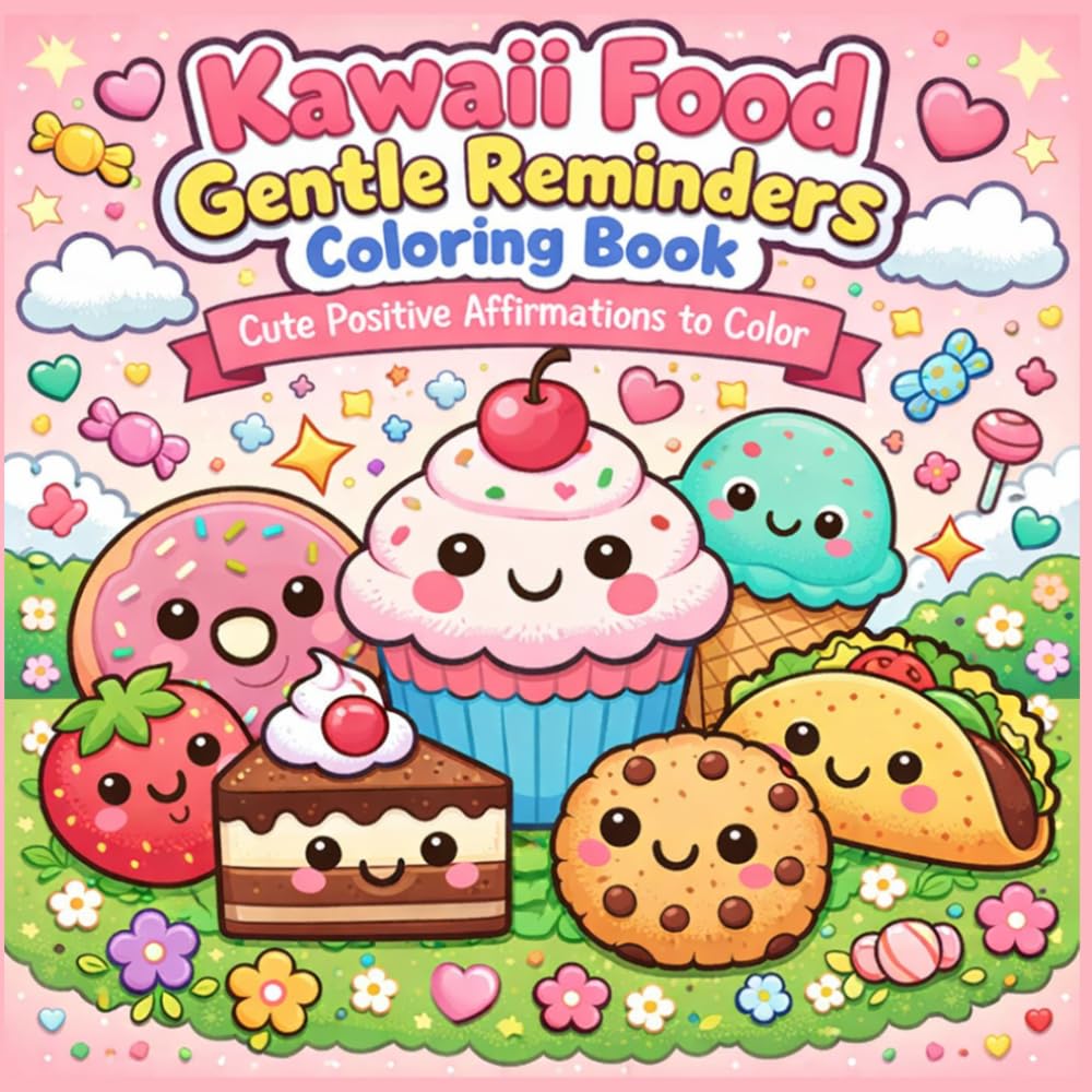Kawaii Food Gentle Reminders: Coloring Book for Adults and Teens | 50 Unique Cute Positive Affirmations to color for stress relief and relaxation