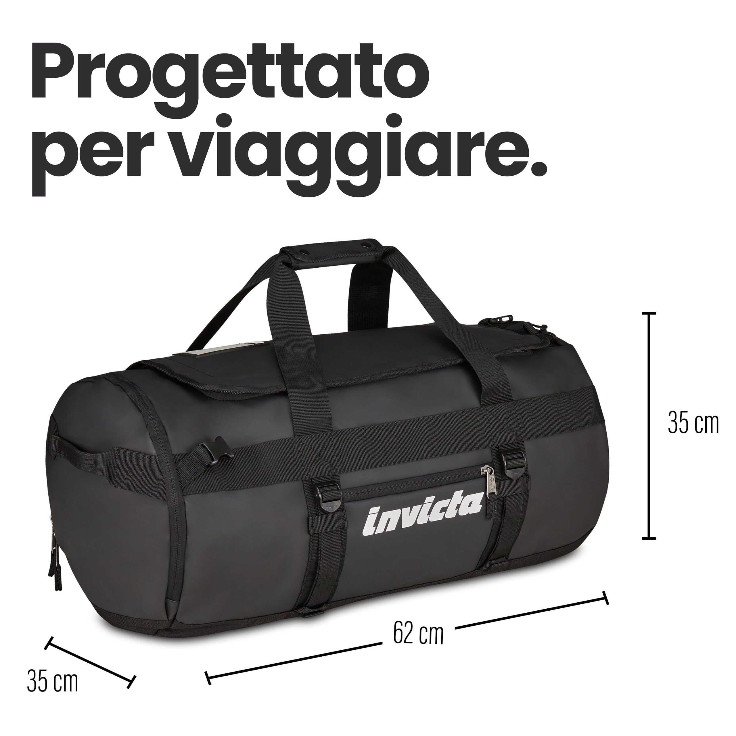 Invicta Zaino da Viaggio 70L – 62x35x35 cm, Nero, Borsone con Spallacci Amovibili, Fondo Rinforzato, Tasche Organizzate, Tasca Frontale e Laterale, Bagaglio Aereo Stiva, Uomo Donna