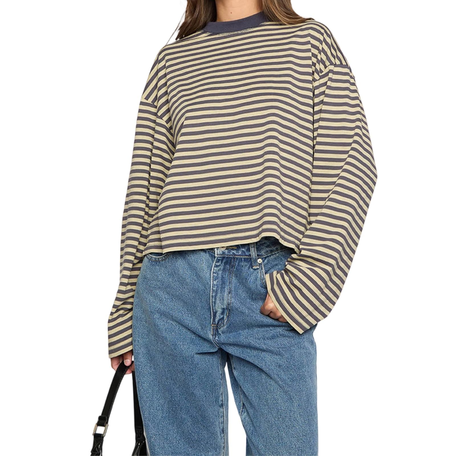 KOSUSANILL Women Oversized Striped Long Sleeve Shirt Crewneck Cropped Tops Drop Shoulder Y2K Preppy Sweatshirt Fall Clothes Yellow Medium