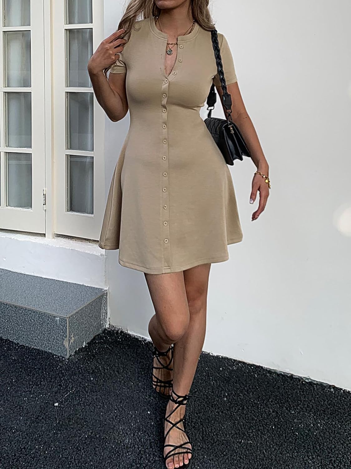 Women's Summer Button Down A Line Flare Mini Dress Casual Crewneck Flowy Hem Bodycon T Shirt Semi Formal Short Dress - Image 2