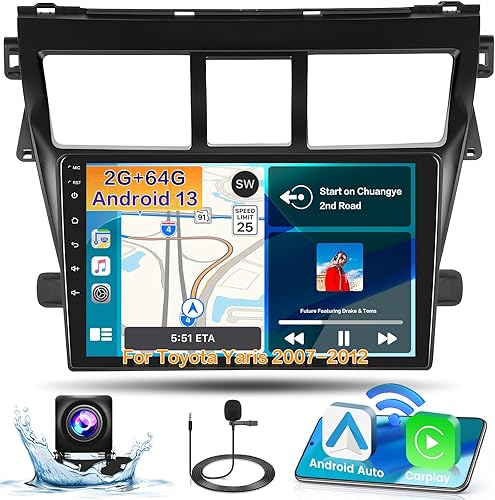 Roinvou Estéreo Android CarPlay 2+64G para Toyota Yaris Vios 2007-2012, CarPlay inalámbrico integrado con Android Auto, pantalla táctil de 9