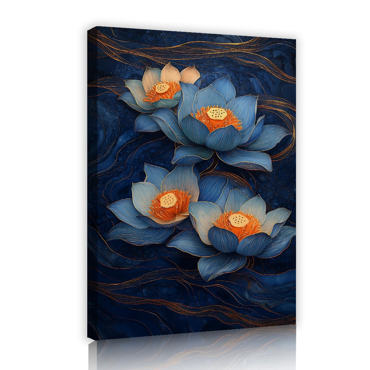 SHENGPOSTER Contemporary Abstract Floral Canvas Print Zen Blue Lotus Flower Wall Art Peaceful Botanical Nature Wall Poster for Home Office Decor Blue Innerframe 55x80cm