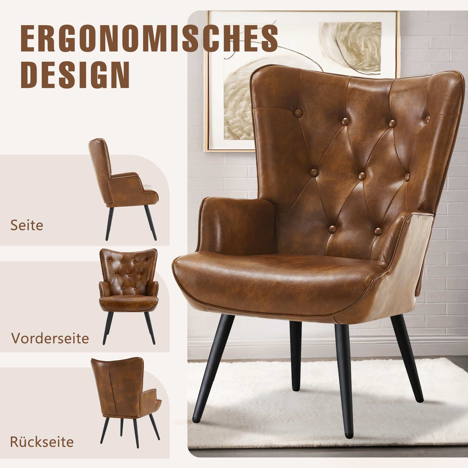 Sillones de Salón, Butaca de Salón, Sillón de Salón Orejero Estilo Escandinavo, Butaca de Dormitorio con Tapizado Sillón Lectura para Dormitorio Sala de Estar, Marrón