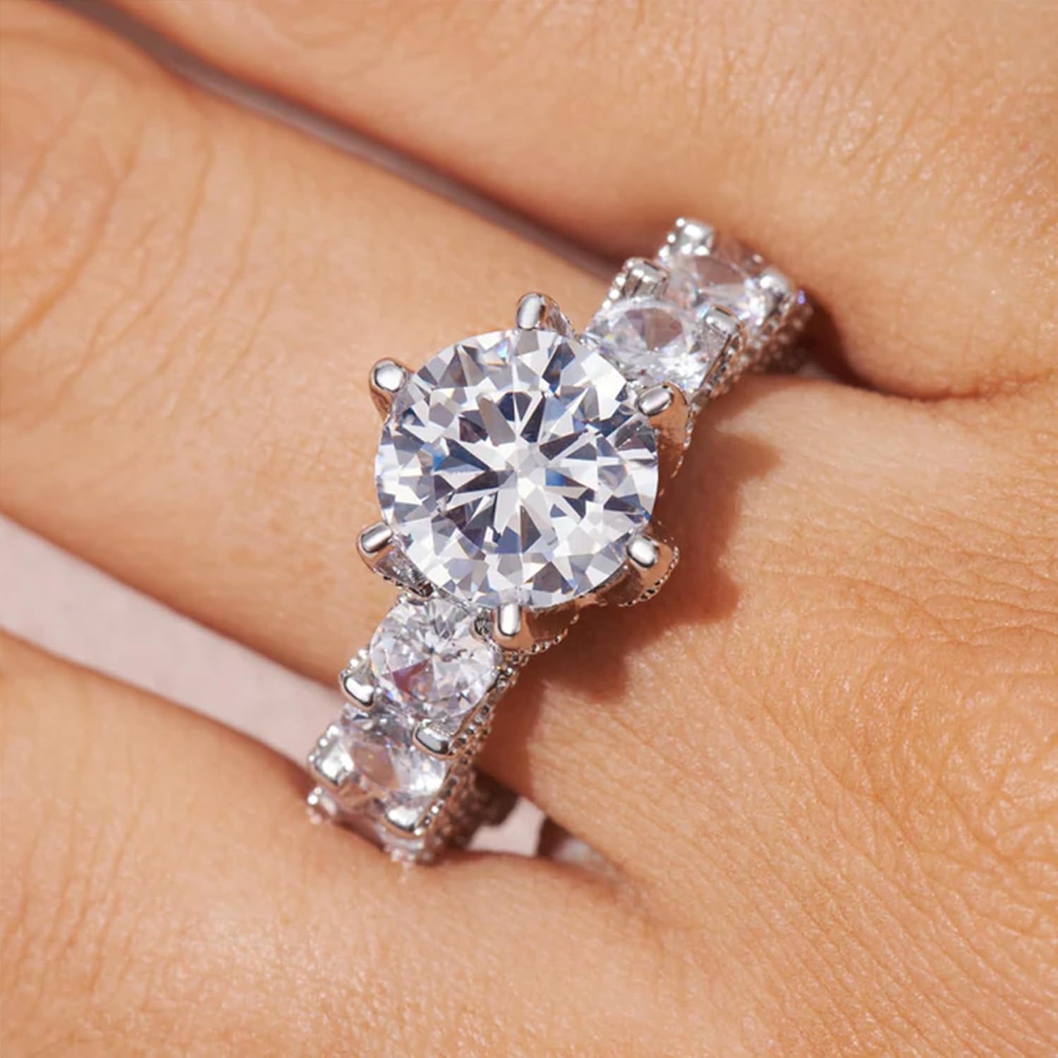 JKK Valentines Day Gifts for Women - 925 Sterling Silver 4ct D Color VVS1 Clarity Lab Created Flower Ring, Rings Band Fully Covered by 13 Moissanite Engagement Ring Anniversary Valentines Gifts for Women - Image 4