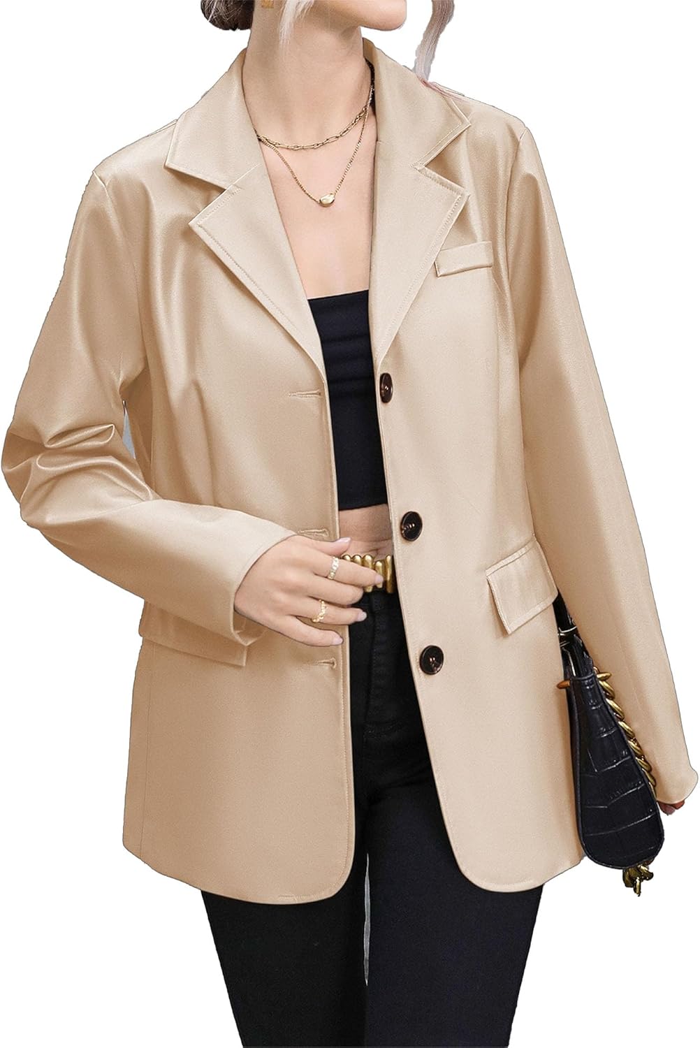 Women's Faux Leather Long Sleeve Biker Coat Fashion Button Down Coat Jacket Mid-Length Collar Coats