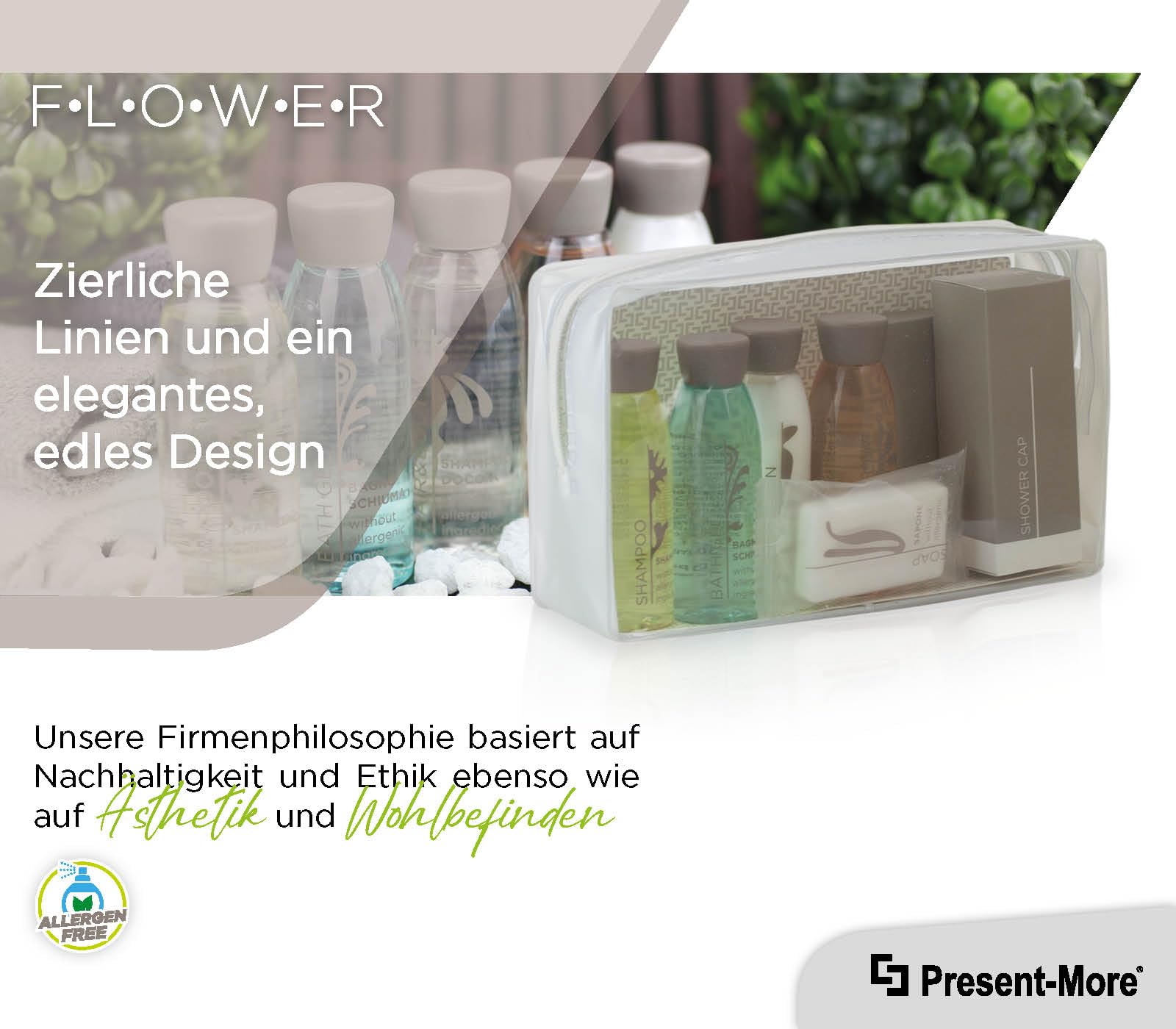 Present-More Amenities Kit Flower - Welcome Gift Toilettenartikel 40 Gäste für Hotels und B&B | Allergenfreie Amenities Kit mit Duftnoten von weißer Tee