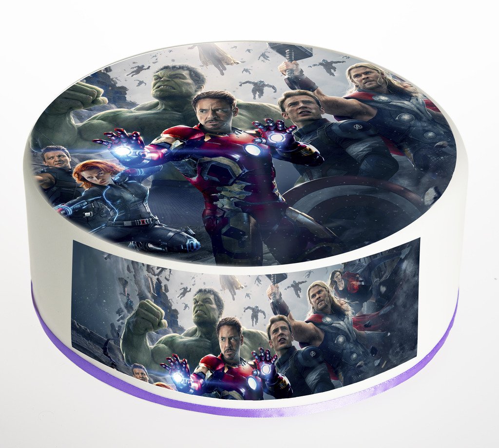 The Avengers Ironman, Incredible Hulk, Black Widow, Thor, Captain America, Hawk Eye Cake Topper. Round Cake Topper. Edible Rice Paper Wafer 7.5 inch cake topper with FREE Banner!