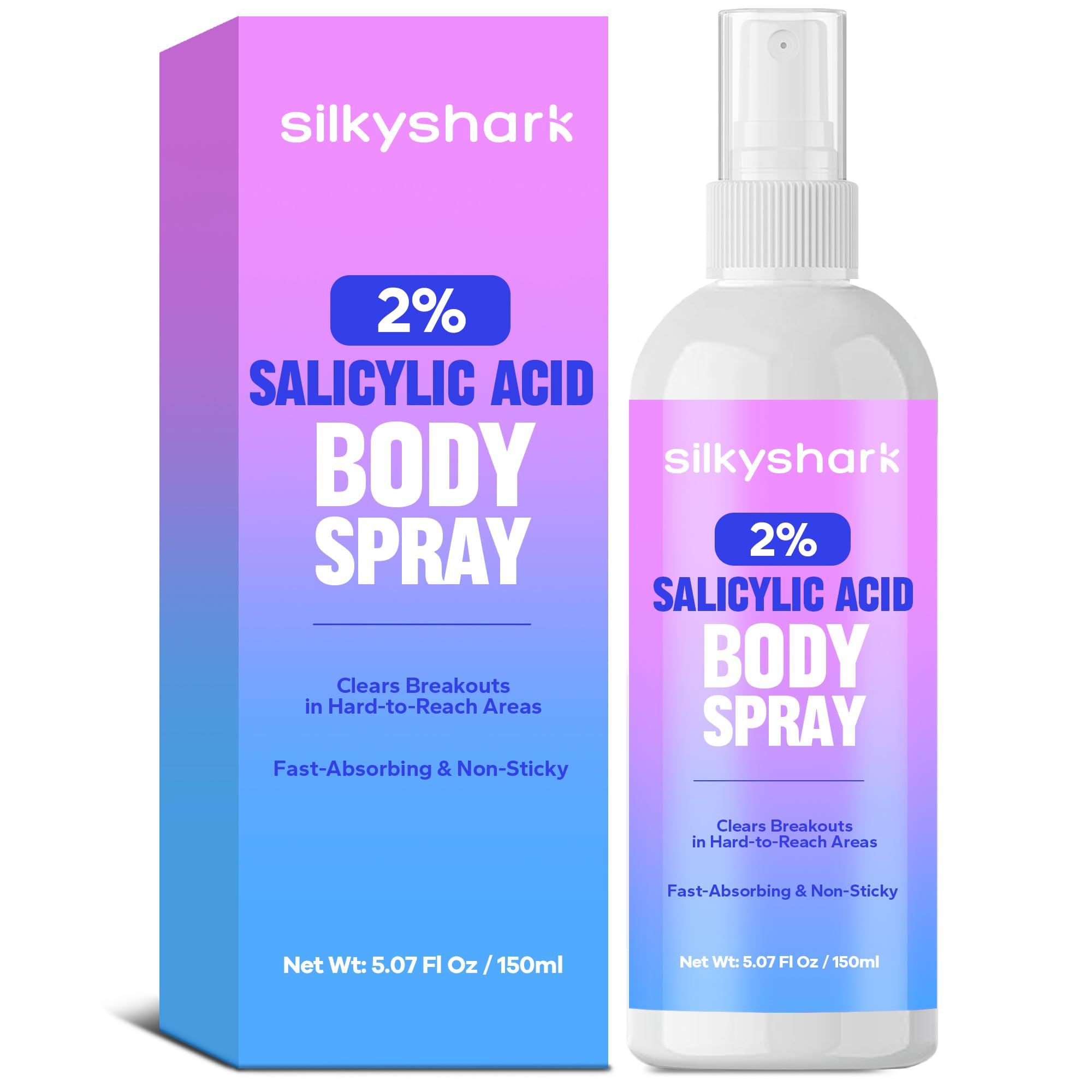 SilkyShark Salicylic Acid Spray (5.07 Fl Oz), 2% Salicylic Acid Body Spray, Body Acne Treatment for Bacne, Blackheads & Blemishes, Back & Chest Acne Spray for Face & Body, 360° Mist for All Skin Types