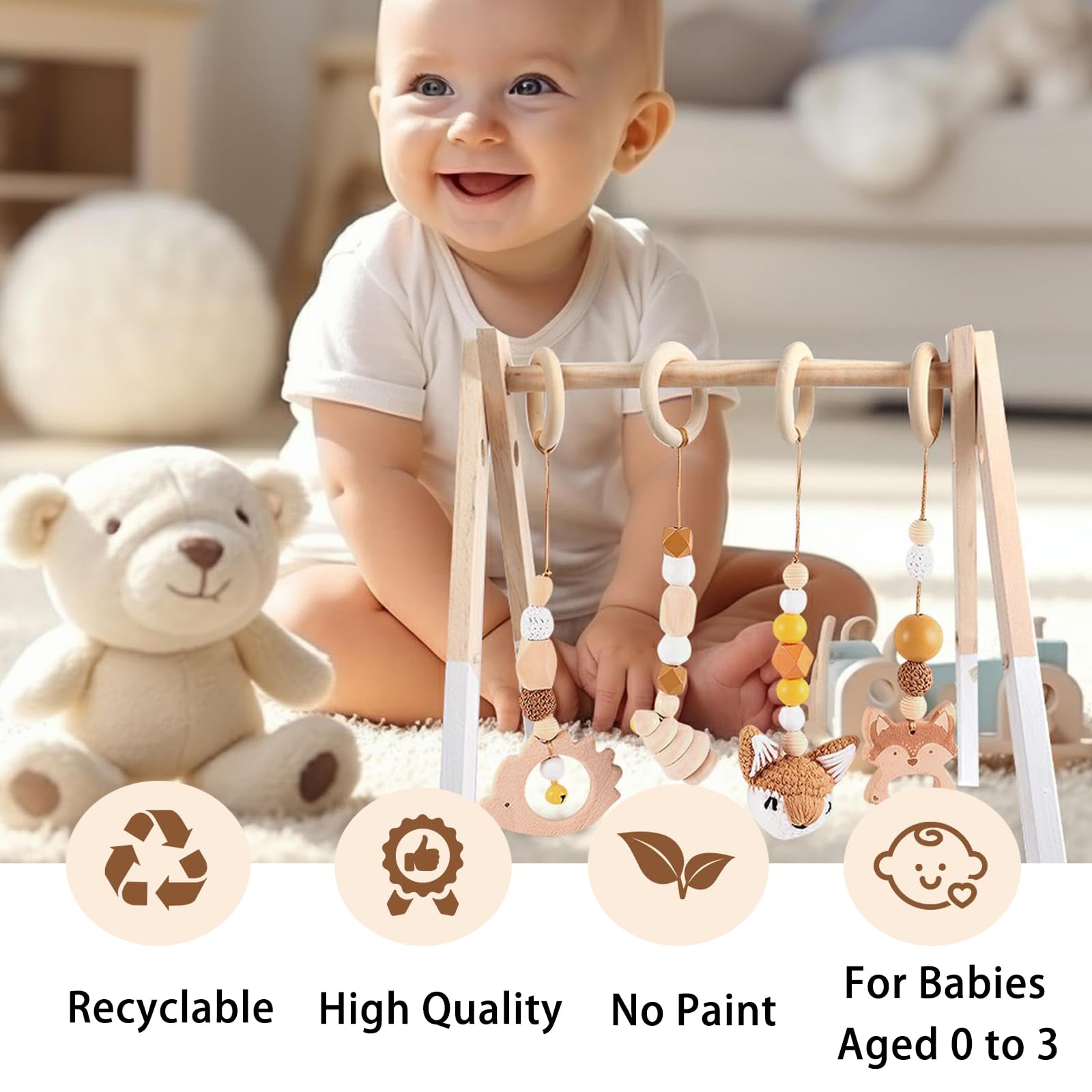4 Pezzi Palestrina Neonato Montessori, Palestrina Neonato Legno, Giochi per Passeggino da Appendere, Baby Gym con Ciondolo in Legno, per Il Gioco e Il Fitness dei Bambini (Marrone)