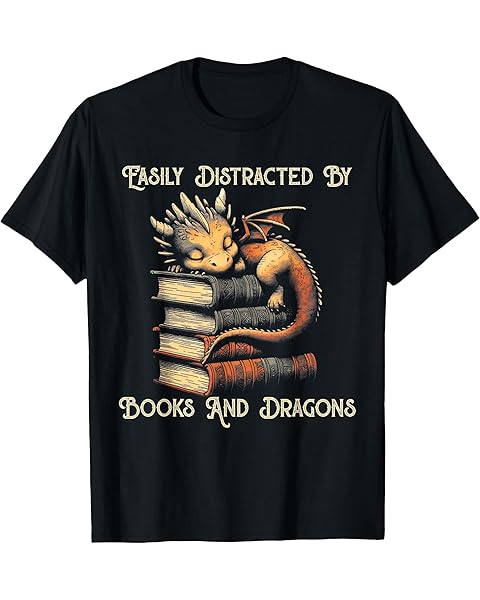Easily Distracted By Books & Dragons Funny Bookworm Reading T-Shirt