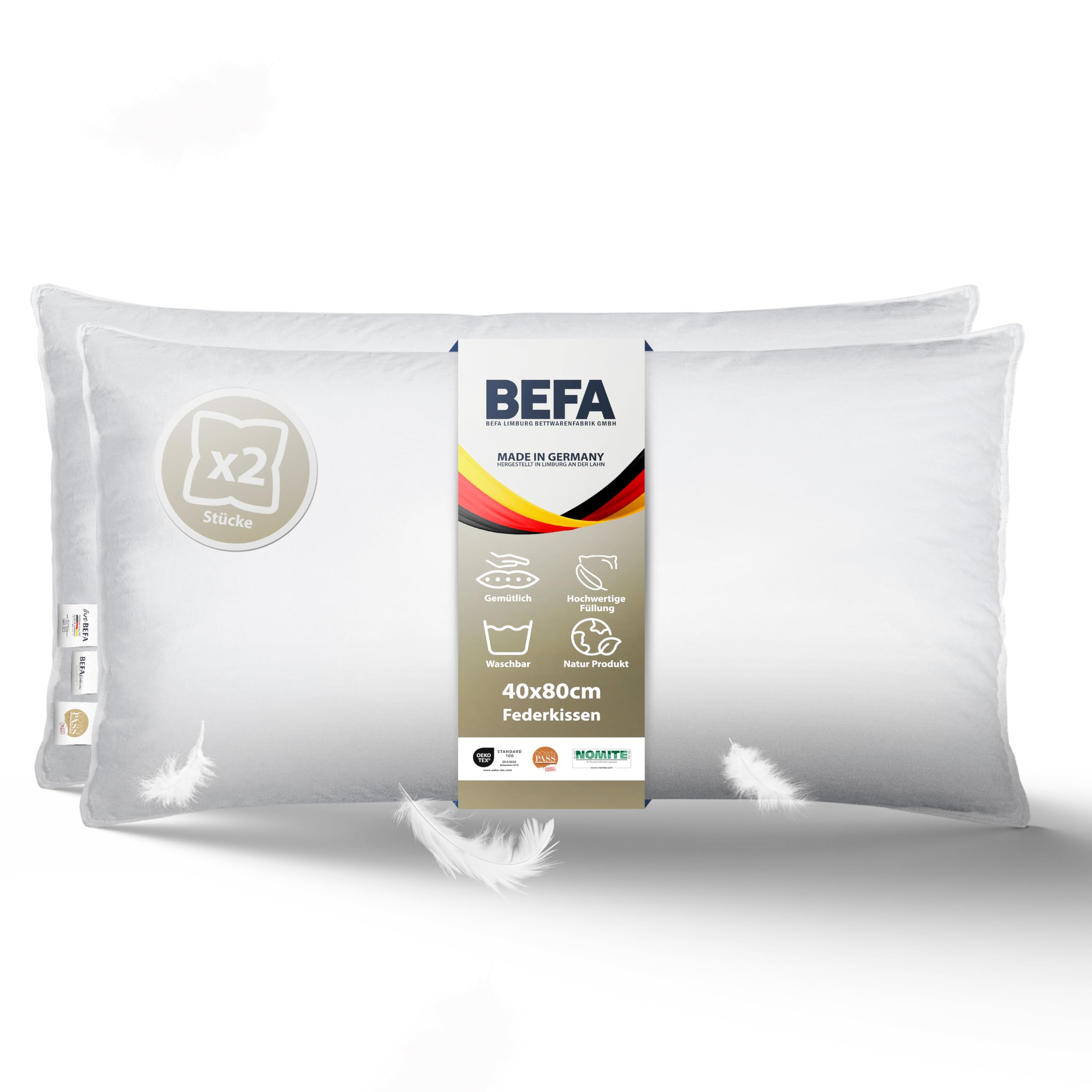 BEFA NATUR Nomite Verenkussen, 60 x 80 cm (2 stuks), hoofdkussenset 100% veren, vulgewicht 1125 g per stuk, geschikt voor mensen met allergieën