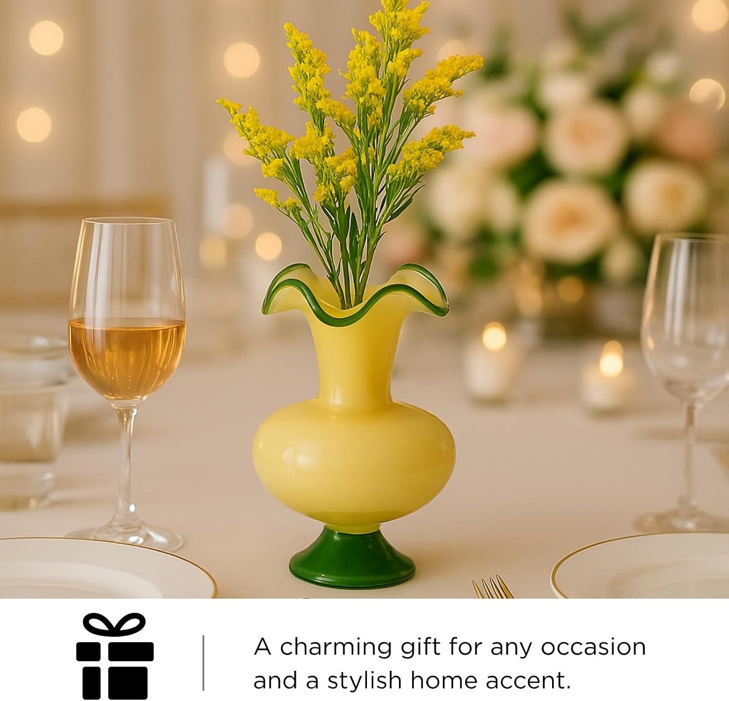 Verdant Bloom Hand-Blown Glass Vase - 11″ Emerald Green Decorative Centerpiece with Fluted Wavy Moon Rim - Noon Art Glass Statement Piece for Modern Home Decor, Living Room, Dining Table Shelf Display